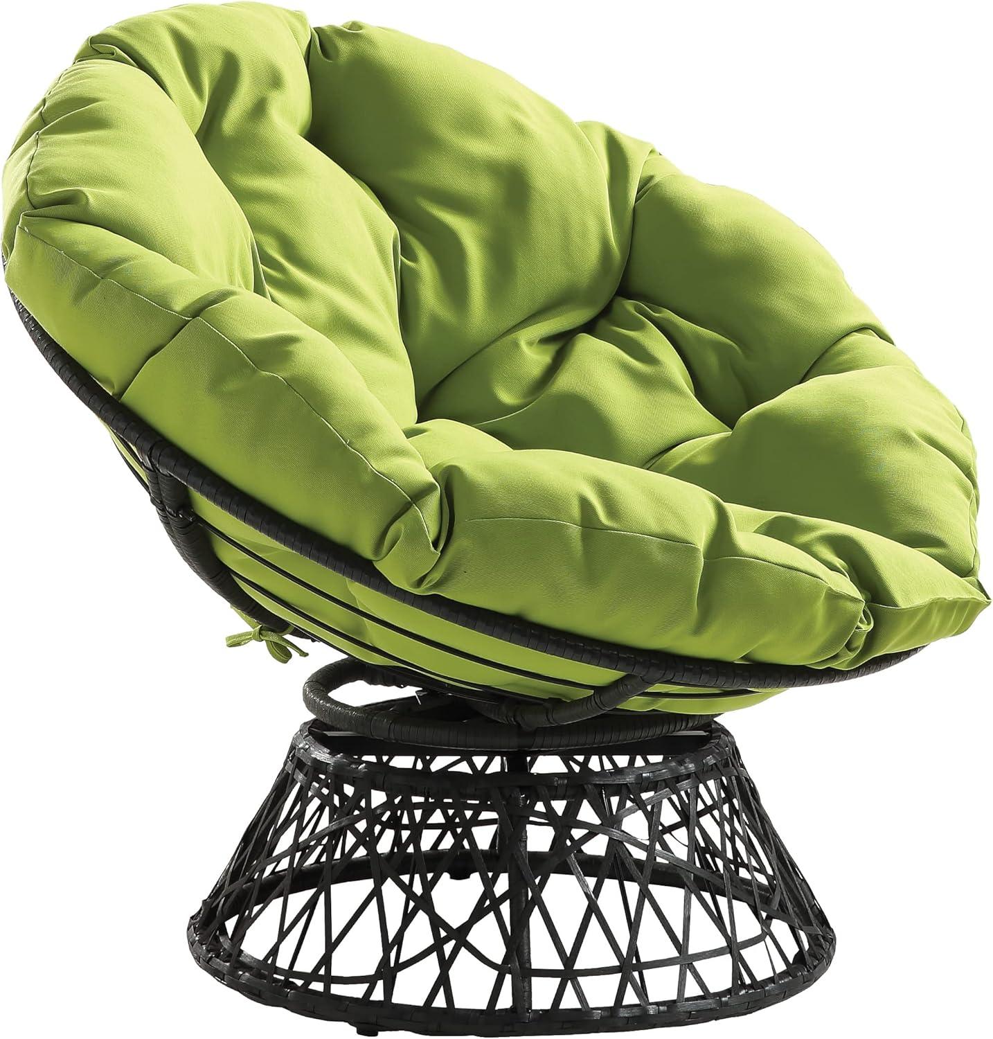 Papasan Chair with Green Fabric cushion and Black Resin Wicker Frame