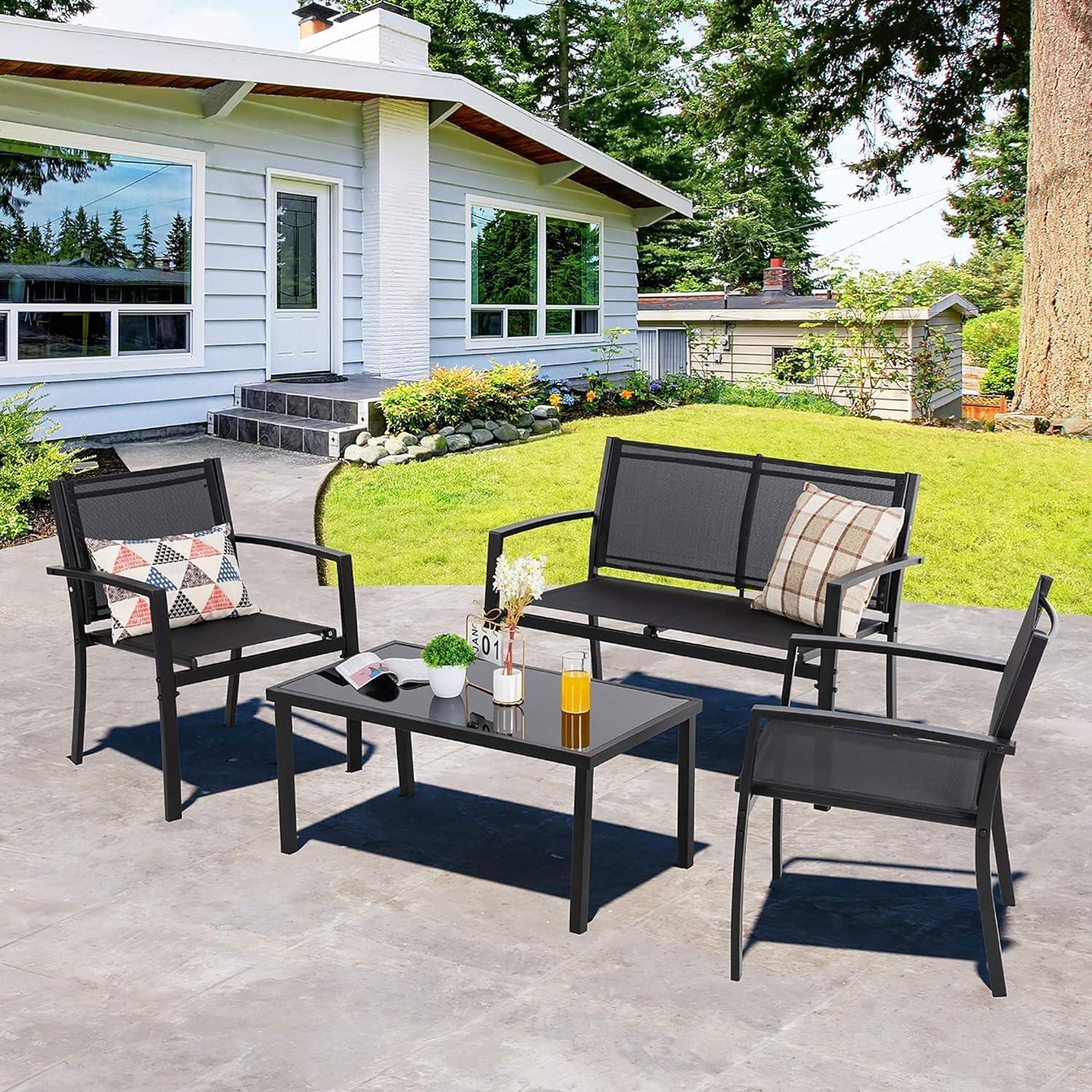 Black 4-Piece Outdoor Patio Furniture Set with Glass Table