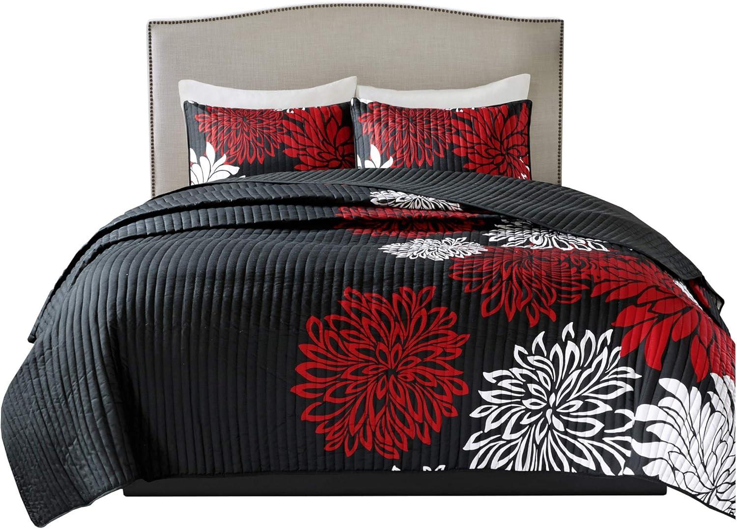 Comfort Spaces Full/Queen Size Quilt Set, 3-Piece Floral Bedspread Bedding Set, Red and Black Coverlet Set for All Season, Lightweight Comforter Set