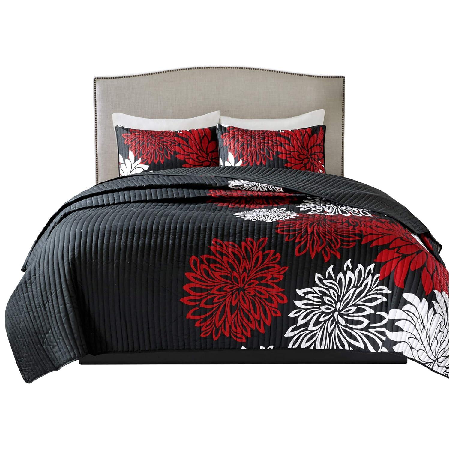 Comfort Spaces Full/Queen Size Quilt Set, 3-Piece Floral Bedspread Bedding Set, Red and Black Coverlet Set for All Season, Lightweight Comforter Set