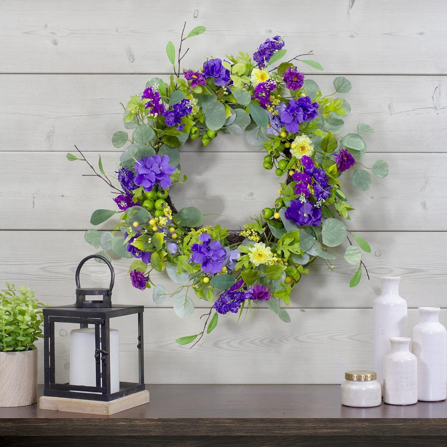 Eucalyptus and Hydrangea Floral Berry Spring Wreath Purple and Yellow 23"