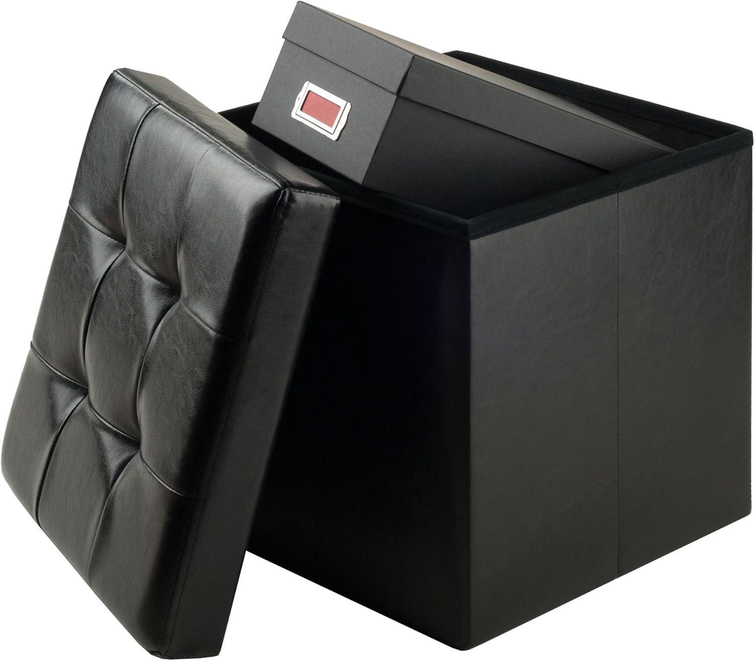 Ashford 15" Black Faux Leather Square Storage Ottoman