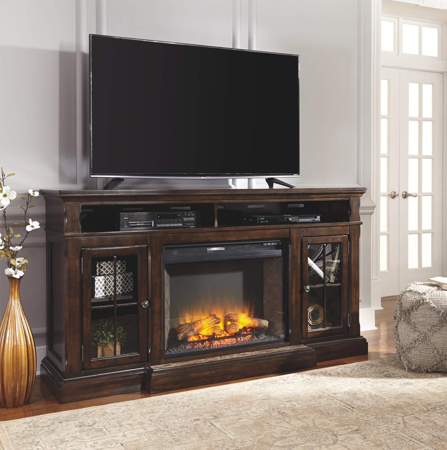 Transitional Birch and Black 72" TV Stand with Fireplace Cabinet