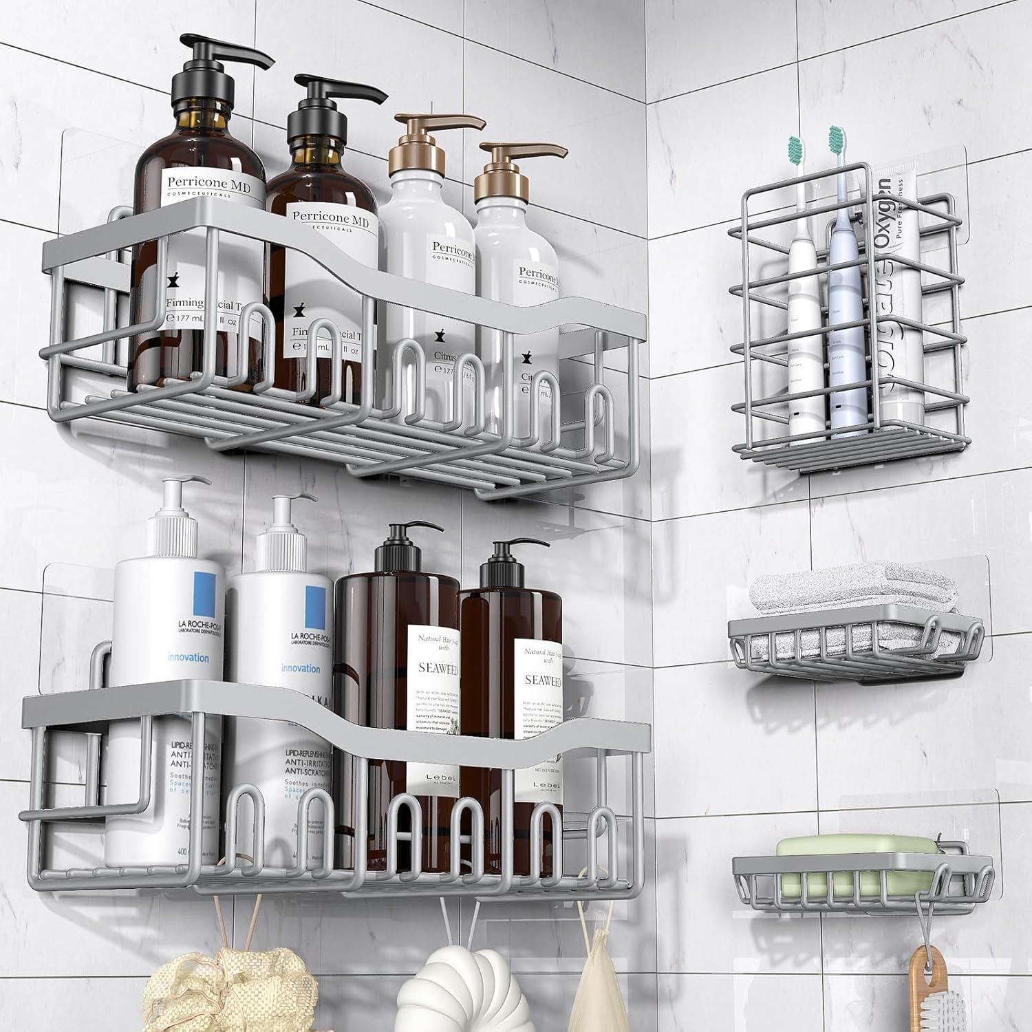 Shower Caddy 5 Pack,Adhesive Shower Organizer for Bathroom Storage&Home Decor&Kitchen,No Drilling,Large Capacity,Rustproof Stainless Steel Bathroom Organizer,Shower Shelves for Inside Shower-Standard