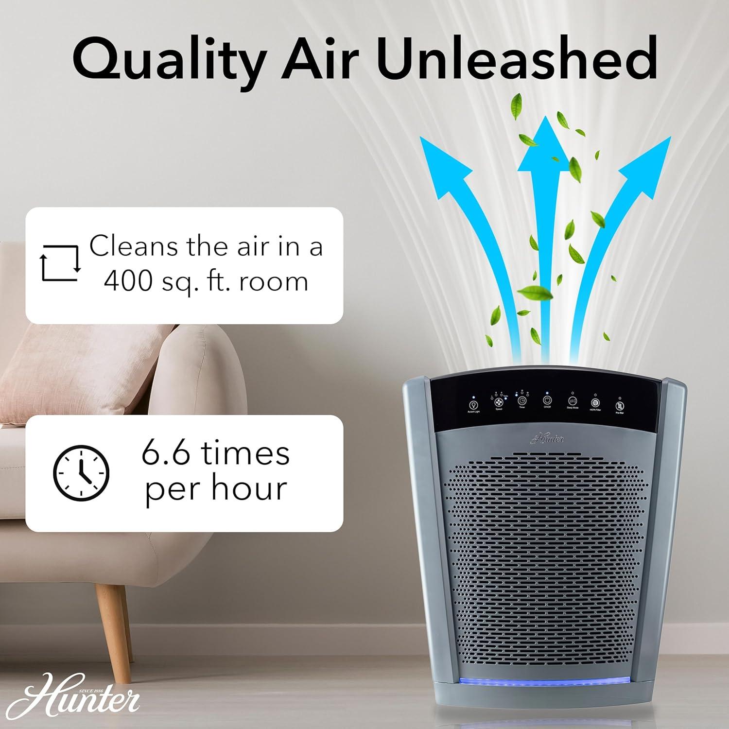 Hunter HP800 Air Purifiers for Home Large Room and Bedroom. True HEPA Air Purifier for Pets, Odors, Allergens, Smoke, Dust, VOC's.