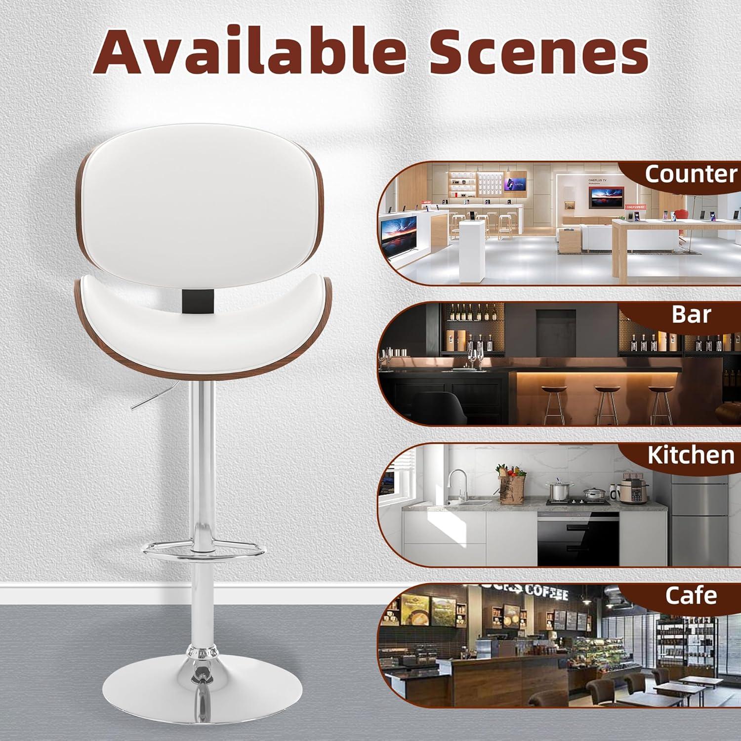 civama Bar Stools Set of 2 for Kitchen Counter, Adjustable Bar Height Chairs, Modern Swivel Barstools with Bentwood Seat and Back with Footrest, for Kitchen Island, Dining Room, White PU Leather