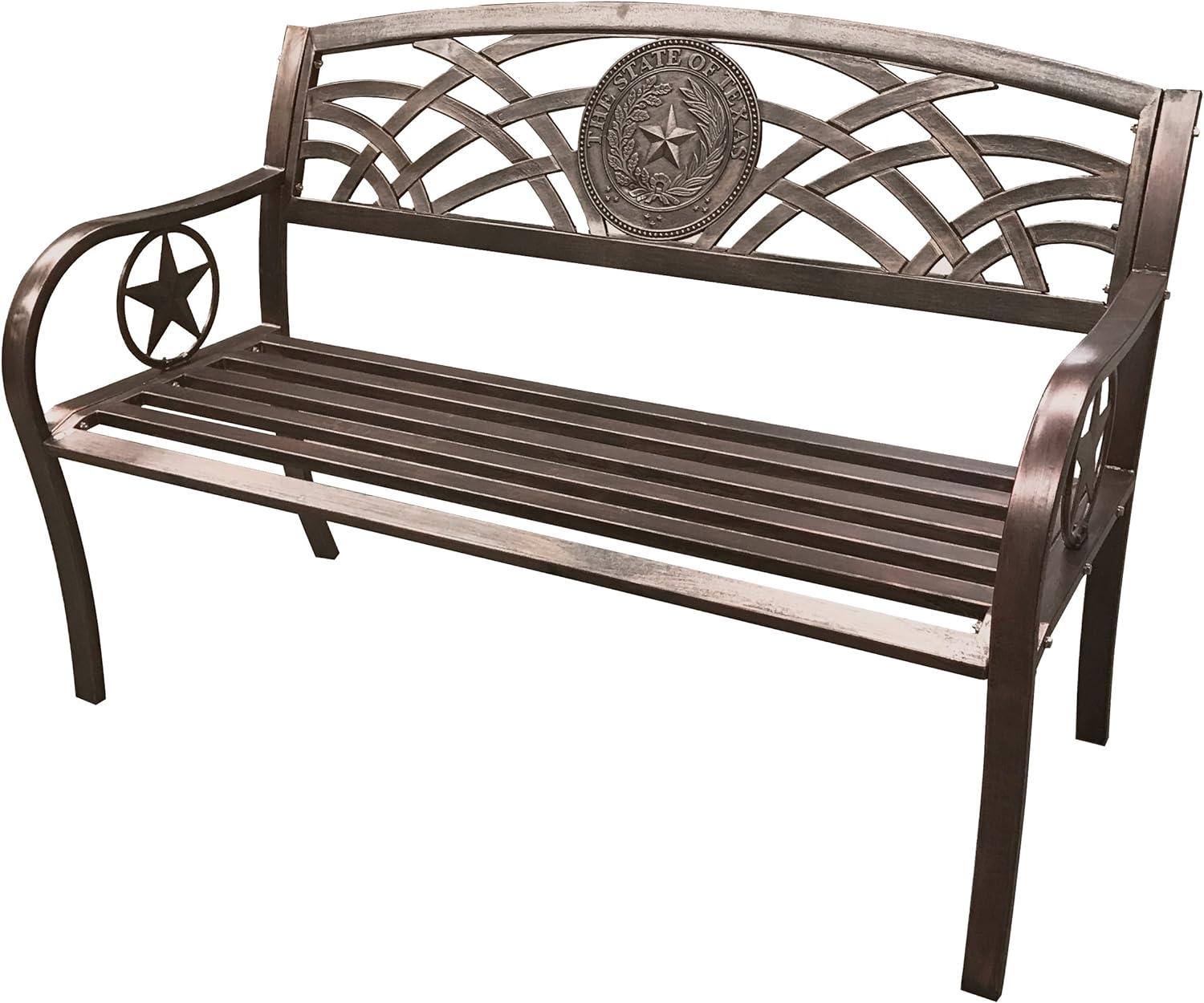 Leigh Country TX 93545 Adult Outdoor Metal Patio Bench with Texas State Seal Design - Bronze