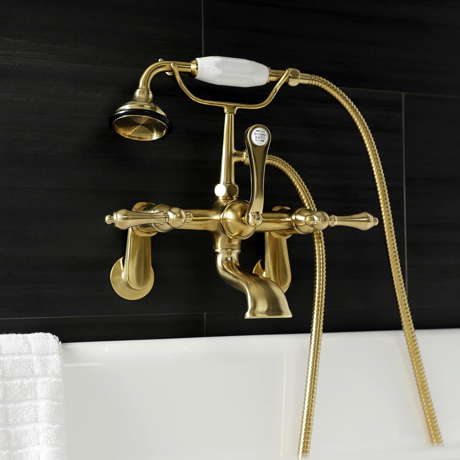 Kingston Brass Aqua Vintage Three-Handle 2-Hole Tub Wall Mount Clawfoot Tub Faucet with Hand Shower