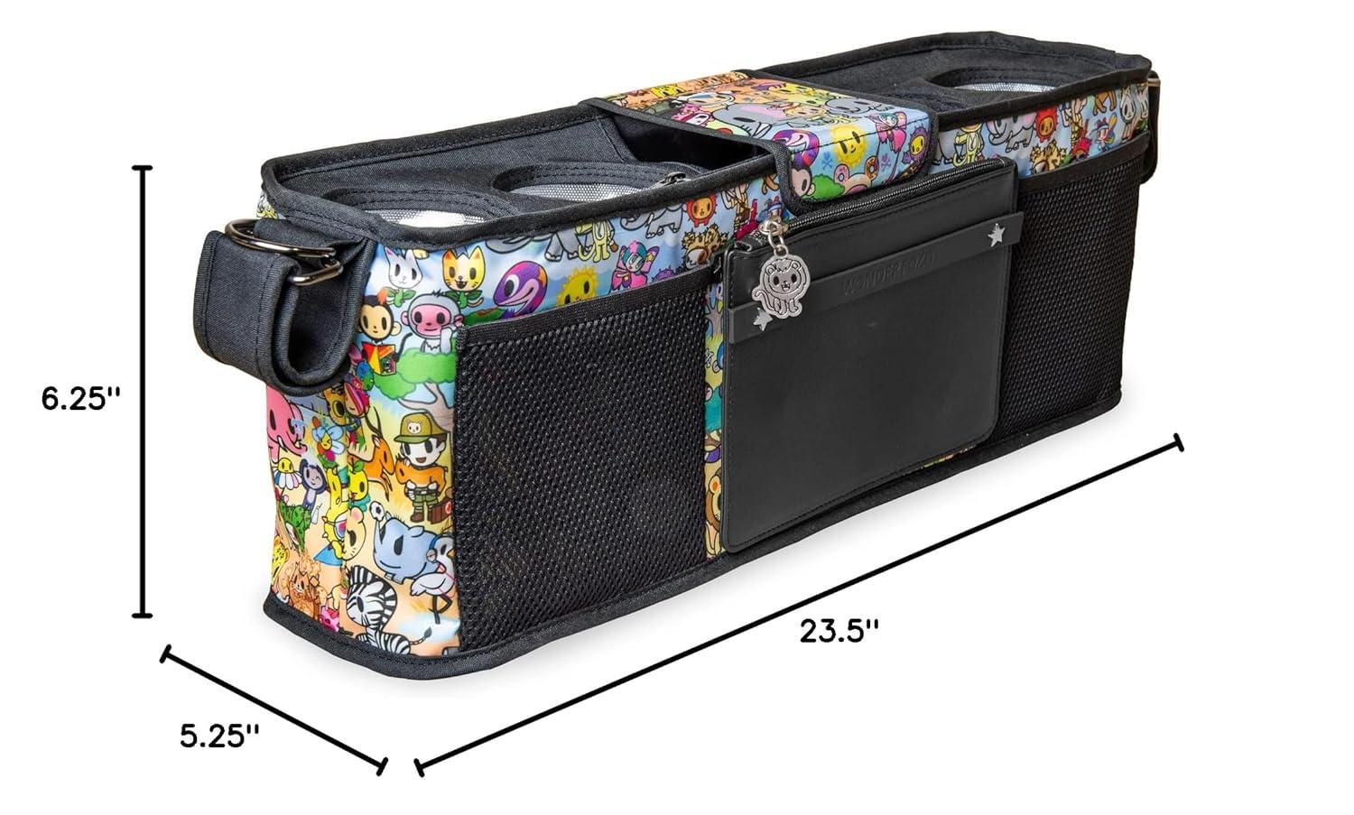 WONDERFOLD Universal Parent Console Stroller Organizer with Insulated Cup Holders, Hook & Loop Closure Handle Attachment, 2 Storage Pockets, Removable Shoulder Strap for Easy Transport