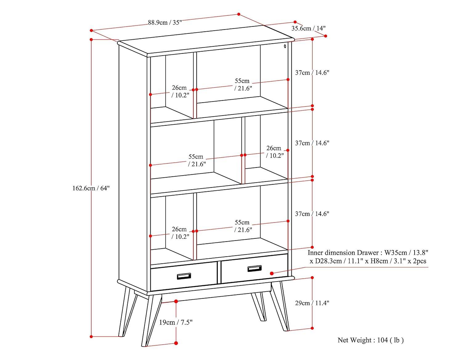 Simpli Home Draper 35"W Solid Hardwood 6 Shelf Compartment Mid-Century Modern Wide Bookcase with 2 Drawers