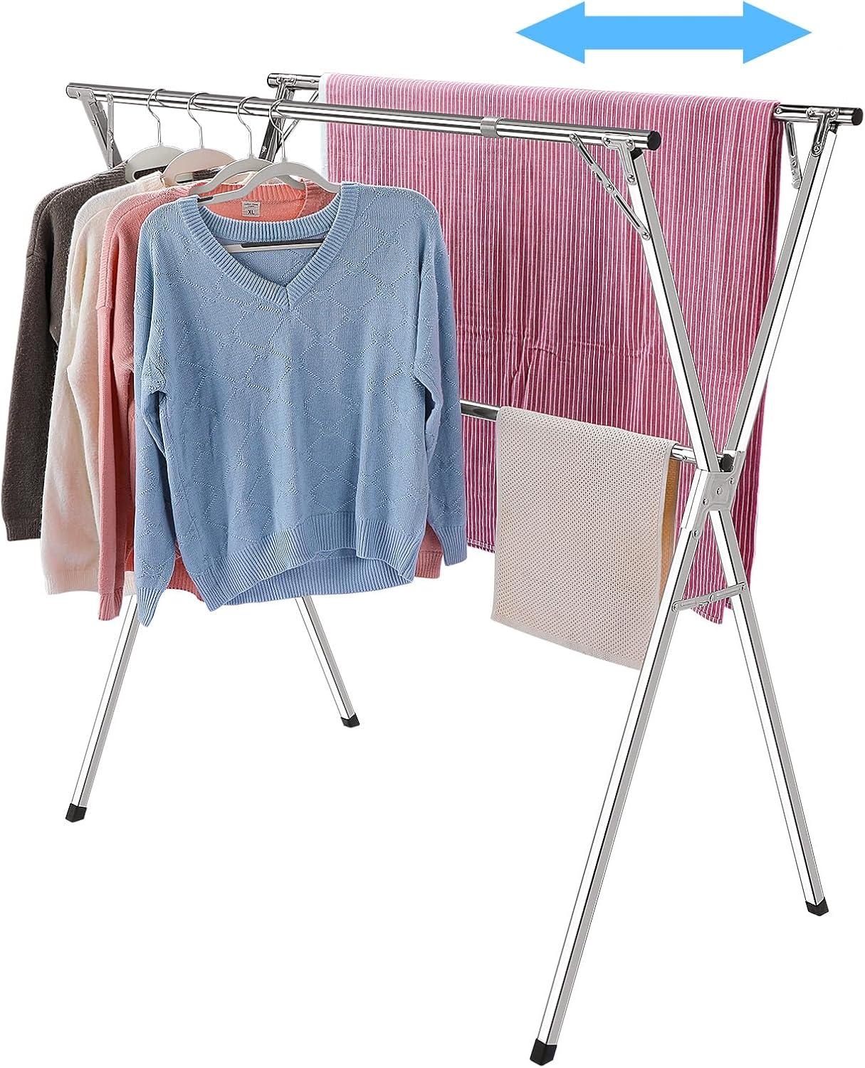 Clothes Drying Rack, 79 Inches Adjustable & Foldable Laundry Drying Rack, Heavy Duty Stainless Steel Drying Rack Clothing with 20 Hooks, 12 Clips, Suitable for Indoor, Outdoor and Balcony