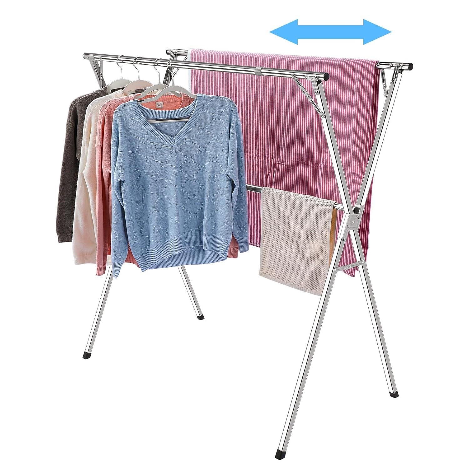 funest Drying Rack Clothing, 79 Inches Adjustble & Foldable Laundry Drying Rack, Heavy Duty Stainless Steel Clothes Drying Rack with 20 Hooks, 12 Clips, Suitable for Indoor, Outdoor and Balcony