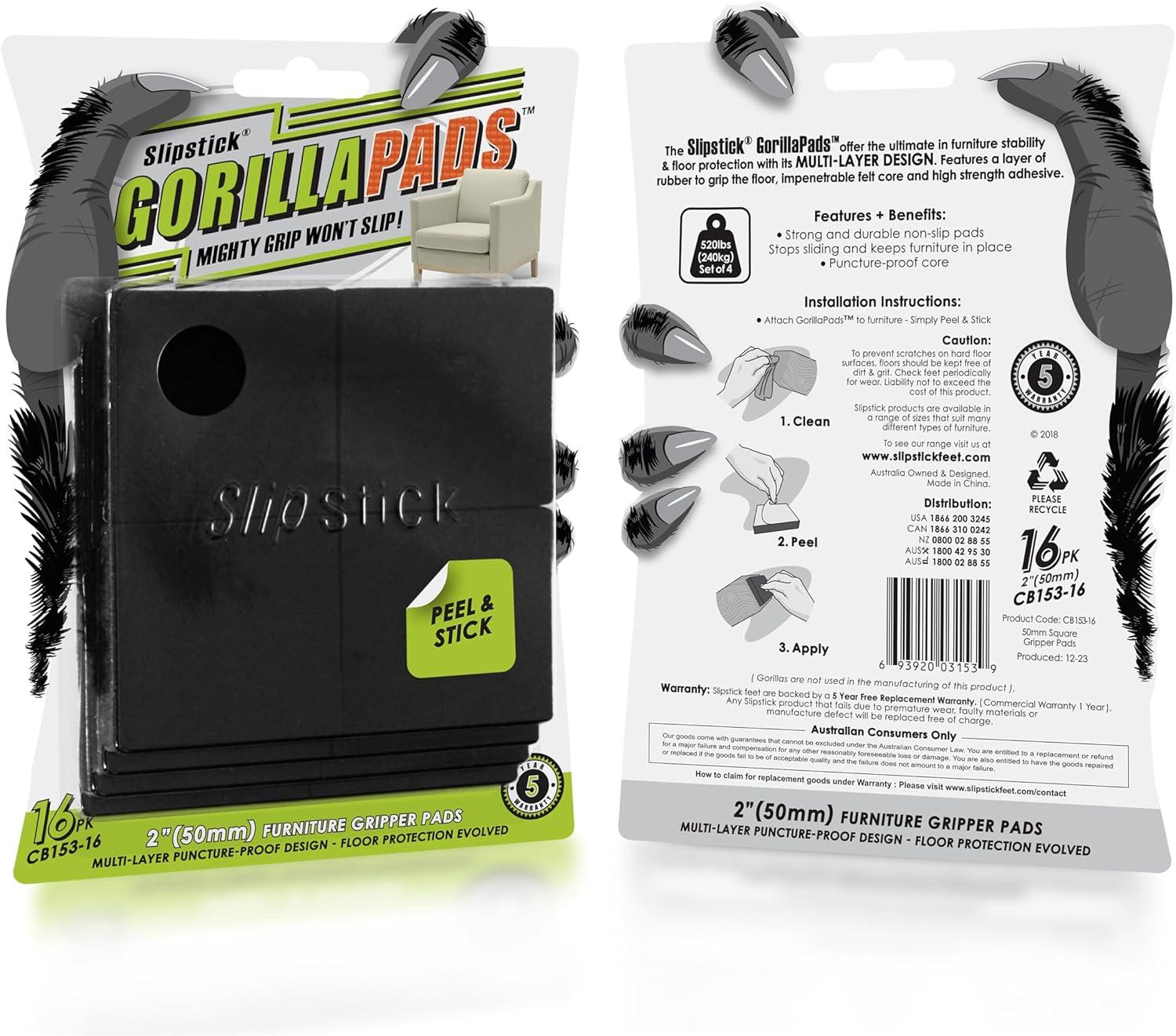 Slipstick GorillaPads CB153-16 Non Slip Furniture Pads/Gripper Feet Floor Protectors (Set of 16) Premium 2 Inch Square Self Adhesive Rubber Stoppers for Furniture Legs, Black, CB153-16