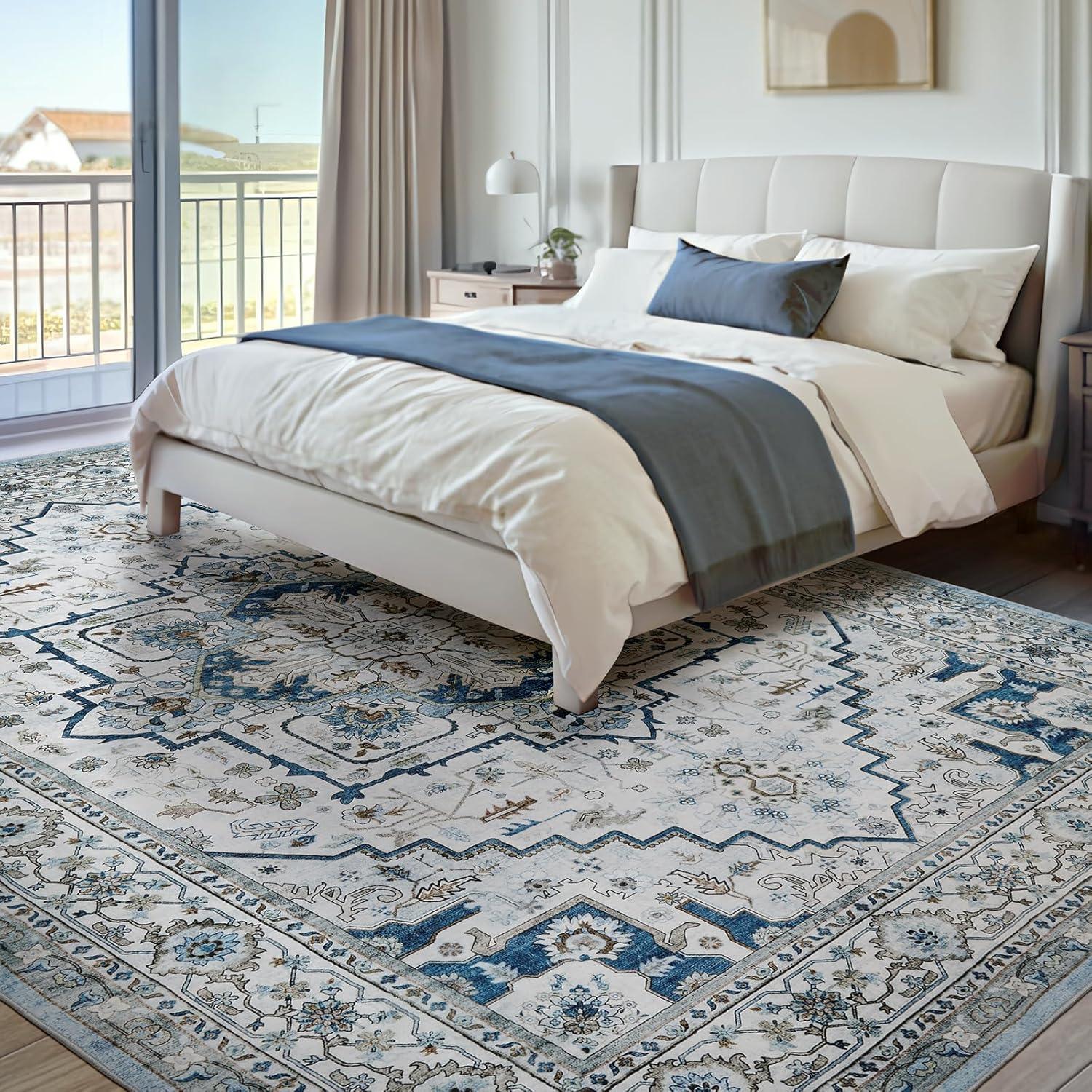 GlowSol 8x10 Floral Area Rug for Living Room Bedroom Retro Distressed Area Rug Traditional Medallion Non-Slip Low Pile Carpet Floor Decoration, Blue
