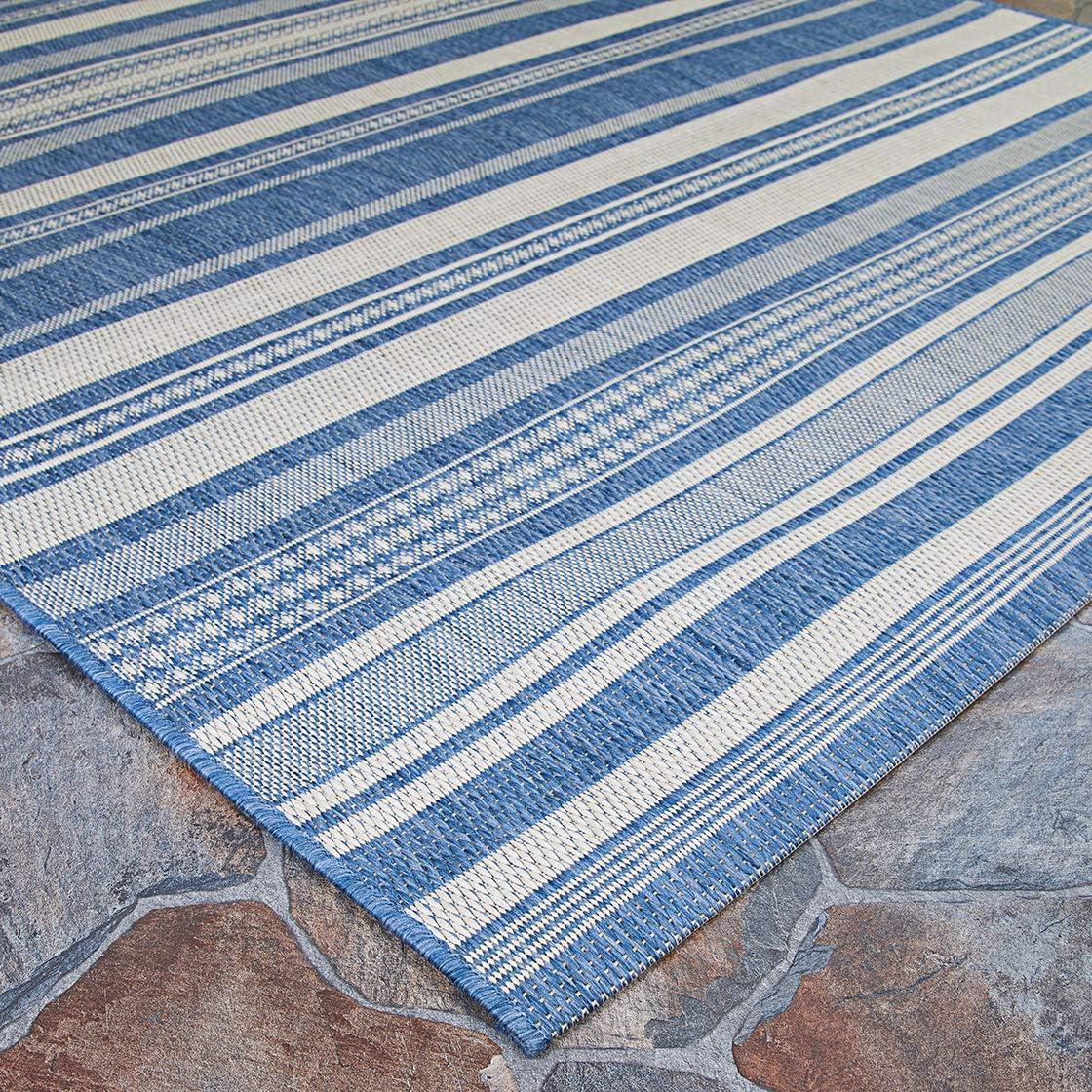 Champagne and Blue Striped 5' x 7' Flat Woven Area Rug