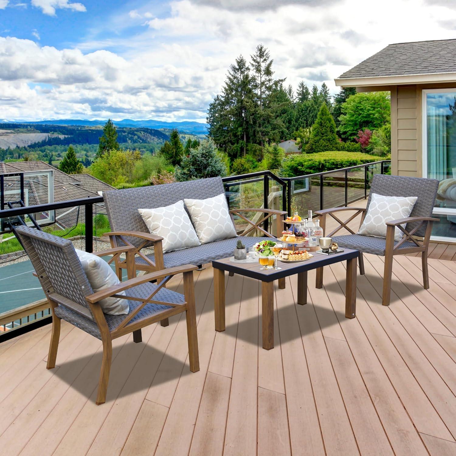 Domi Aluminum Patio Furniture Set, 4-Piece Modern Conversation Set with Cotton Padding Backrests and Seats, Outdoor Sectional Metal Sofa Set with 5.5 Inch Cushion and Coffee Table for Balcony, Garden