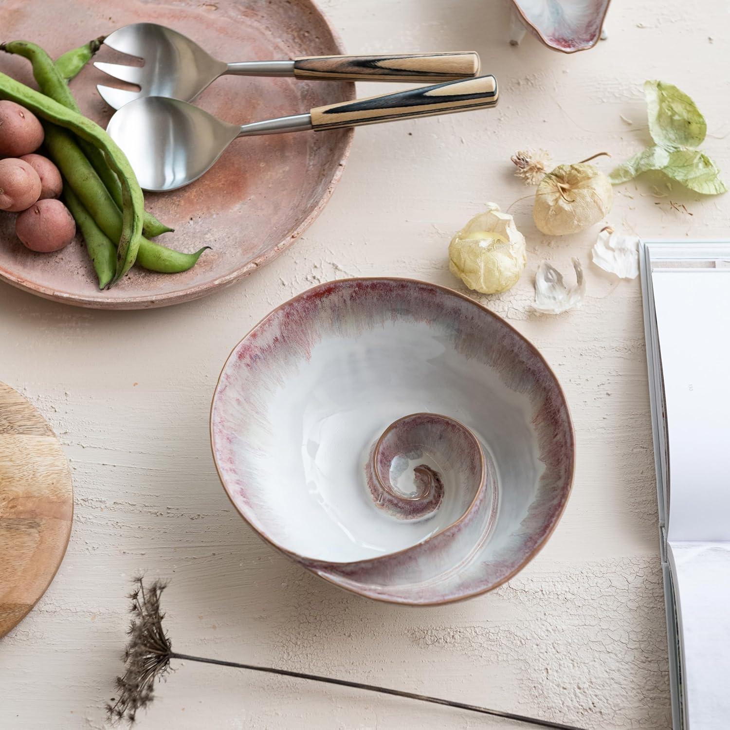 Handmade Coastal Pattern Stoneware Salad Bowl, White and Berry