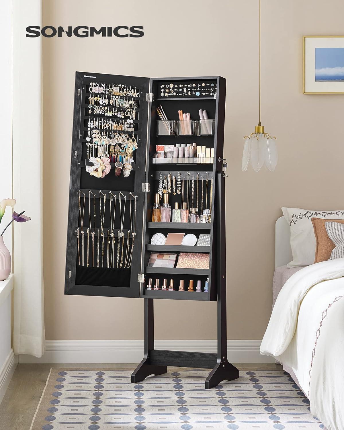 Black Freestanding Jewelry Cabinet Armoire with Mirror