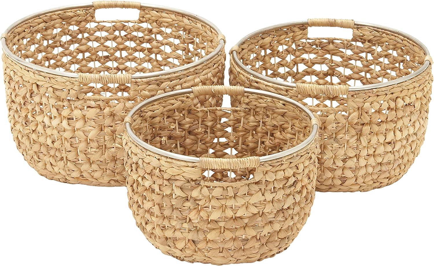 Polished Seagrass Round Storage Basket with Metal Handles