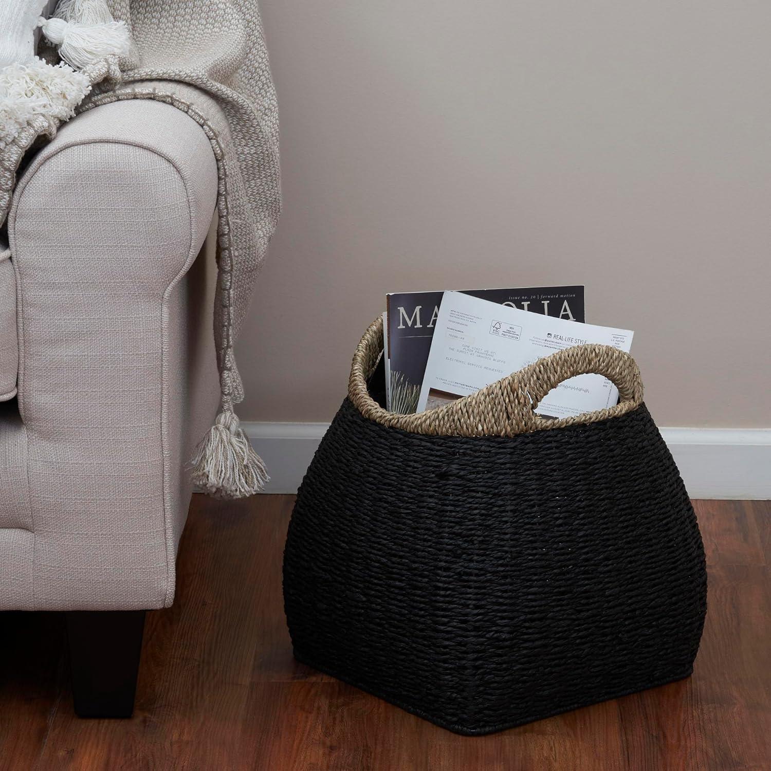 Household Essentials Basket with Handles Seagrass: Handwoven Round Storage, Brown Decorative Wicker, 14" Height