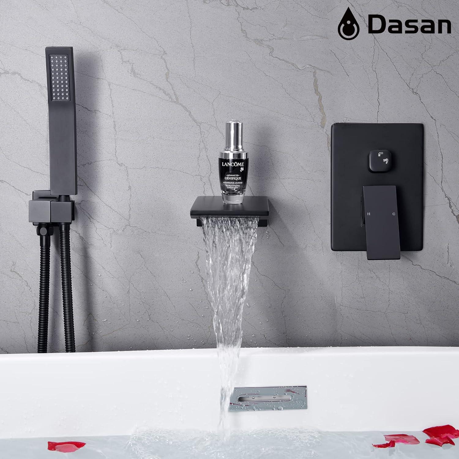 Airuida Wall Mount Tub Faucet with Waterfall Tub Spout Wall Mounted Bathtub Faucet with Handheld Shower Single Handle Tub Filler Shower Faucet Set with Rough-in valve Straight Spout Matte Black