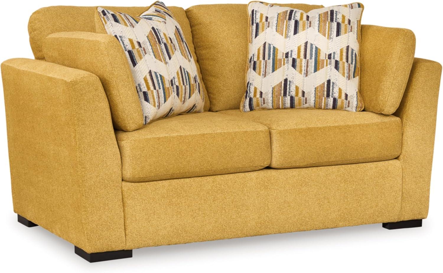 Sunflower Yellow Velvet Stationary Loveseat with Pillow Back