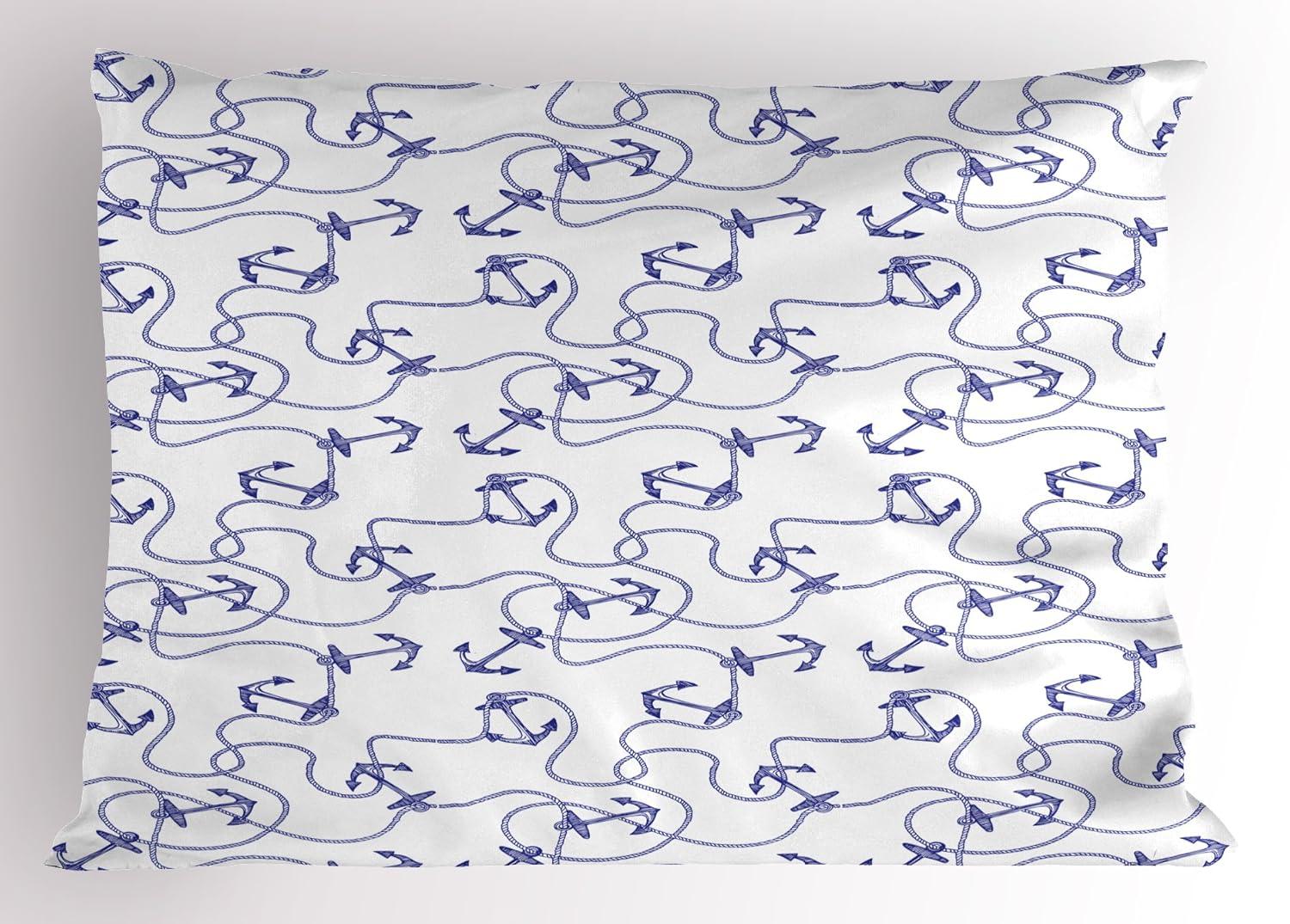 Anchor Pillow Sham Hand Drawn Anchors and Entangled Ropes Nautical Equipment Artwork Monochrome, Decorative Standard Size Printed Pillowcase, 26 X 20 Inches, Navy Blue White, by Ambesonne