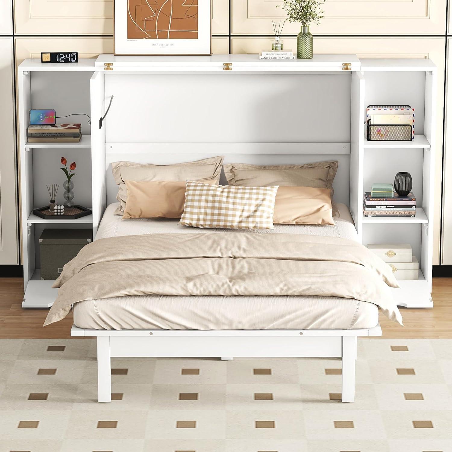 White Queen Murphy Bed with Storage and USB Ports