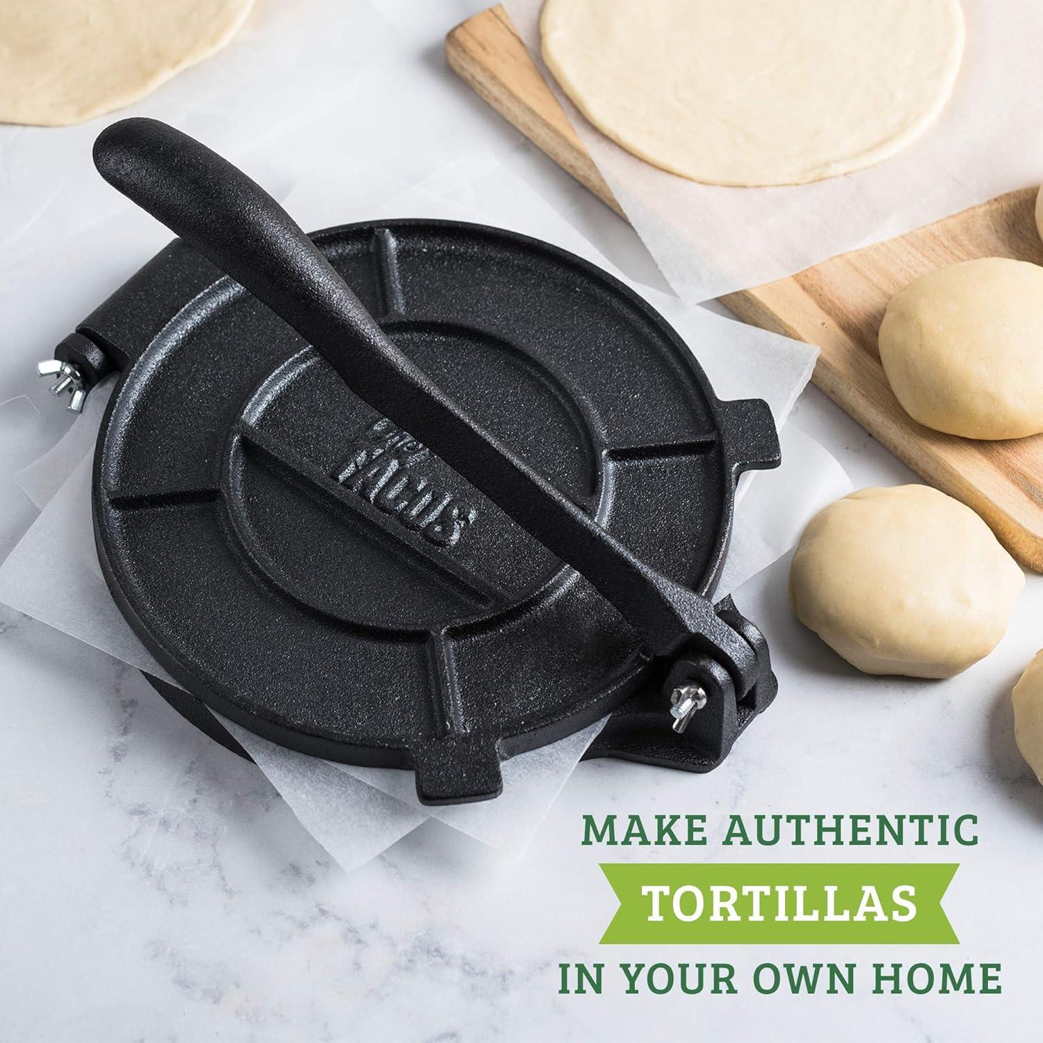 Chef Tacos Authentic Cast Iron Tortilla Press, 8 inch, Pre-Seasoned for a Flavorful, Fresh, Warm Corn or Flour Tortilla