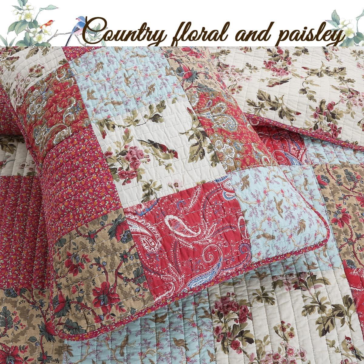 Queen Blue and Red Cotton Reversible Patchwork Quilt Set