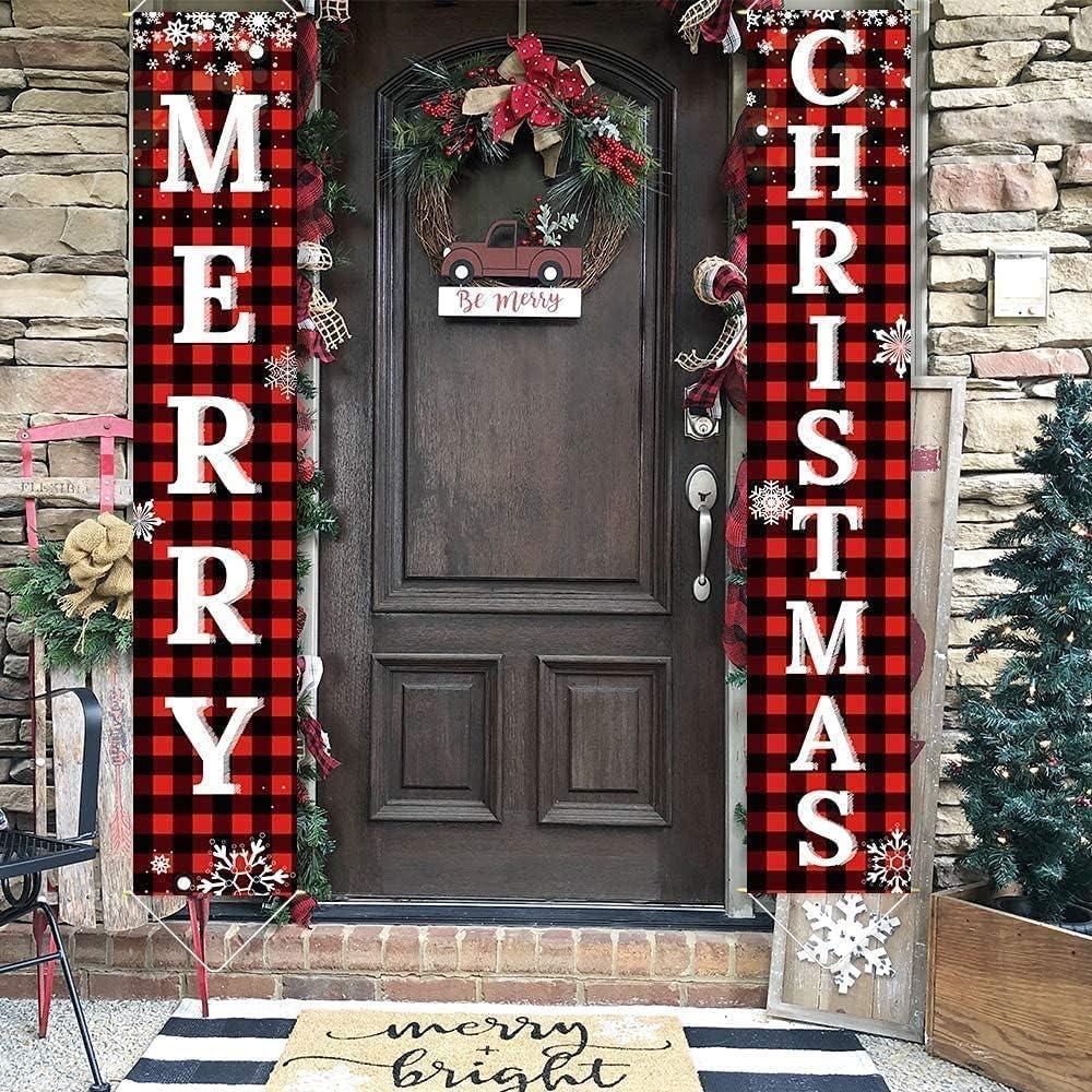 Christmas Decorations Outdoor Yard Front Porch Sign Set, Red Black Buffalo Plaid Door Banner, Hanging Merry Christmas Decorations for Home, Indoor Outdoor Xmas Decor Wall Front Door Yard Garage