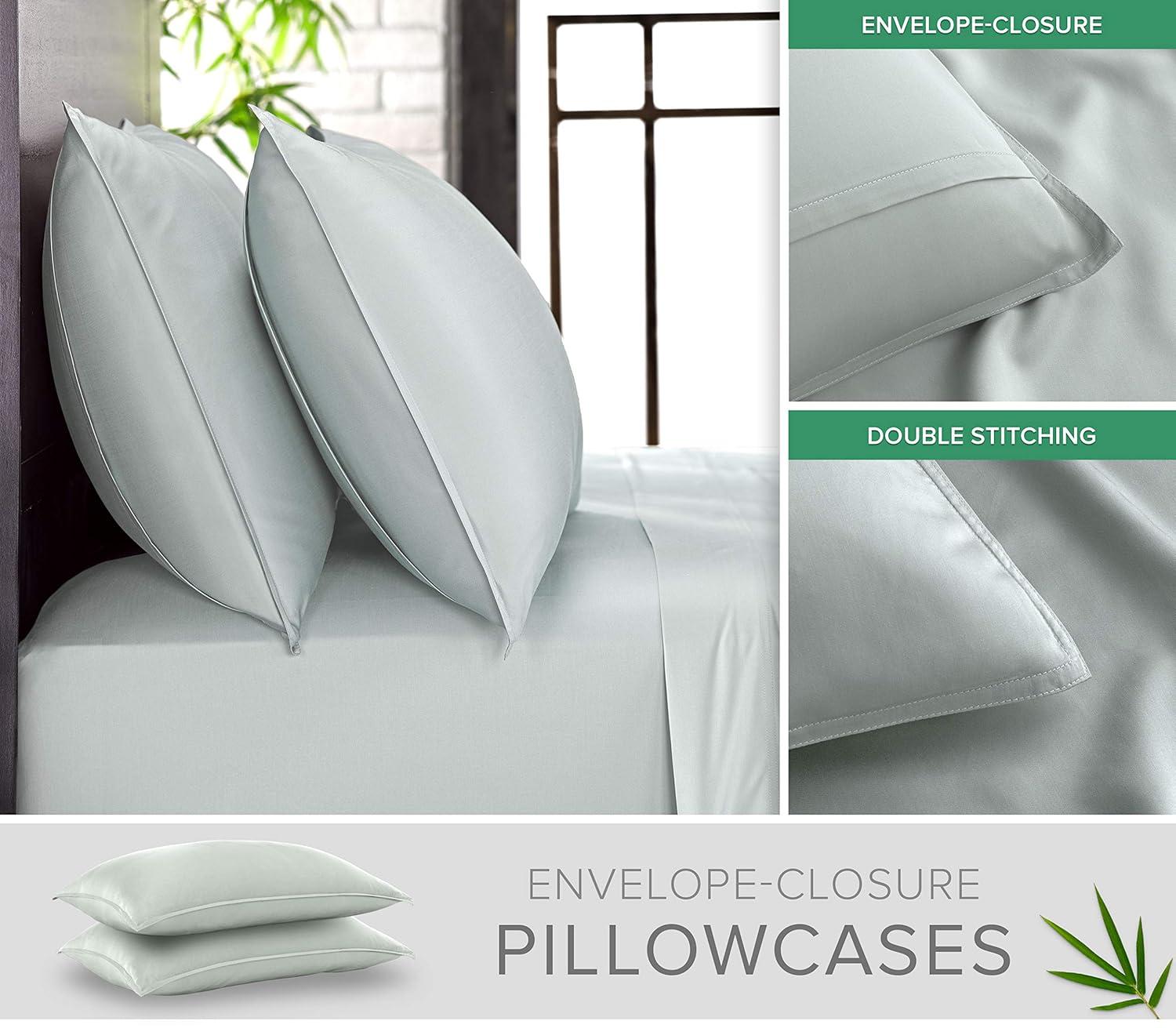 PURE BAMBOO Pillowcases - Queen Size 2-piece Set (20"x30") - Genuine 100% Organic Bamboo Viscose, Luxuriously Soft & Cooling, Double Stitching, Envelope Closure (2 Queen Pillowcases, Sea Glass)