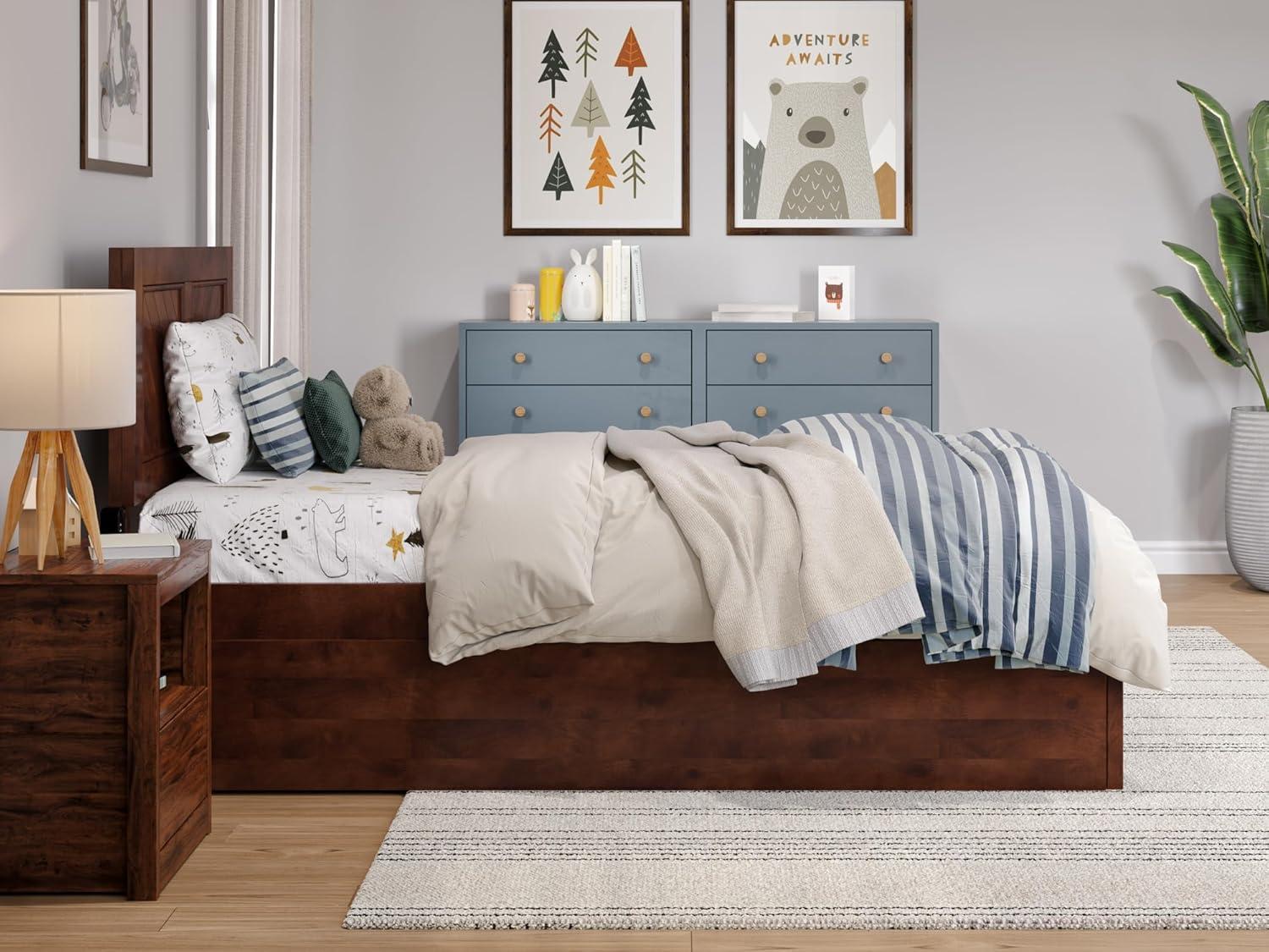 Walnut Full Platform Bed with Trundle and USB Charger