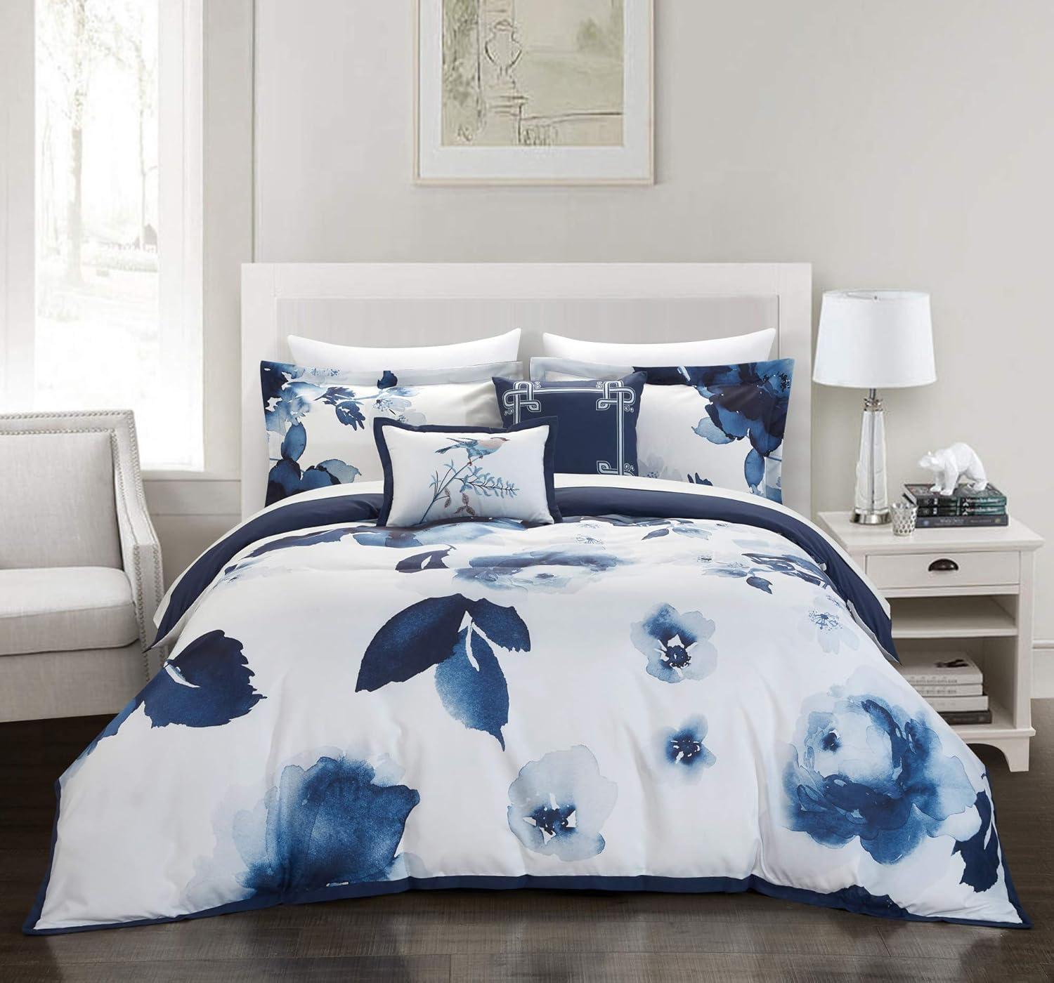 Brookfield Garden 5 Piece Comforter Set Large Scale Floral Pattern Print Bedding-Decorative Pillows Shams Included, Queen, Blue