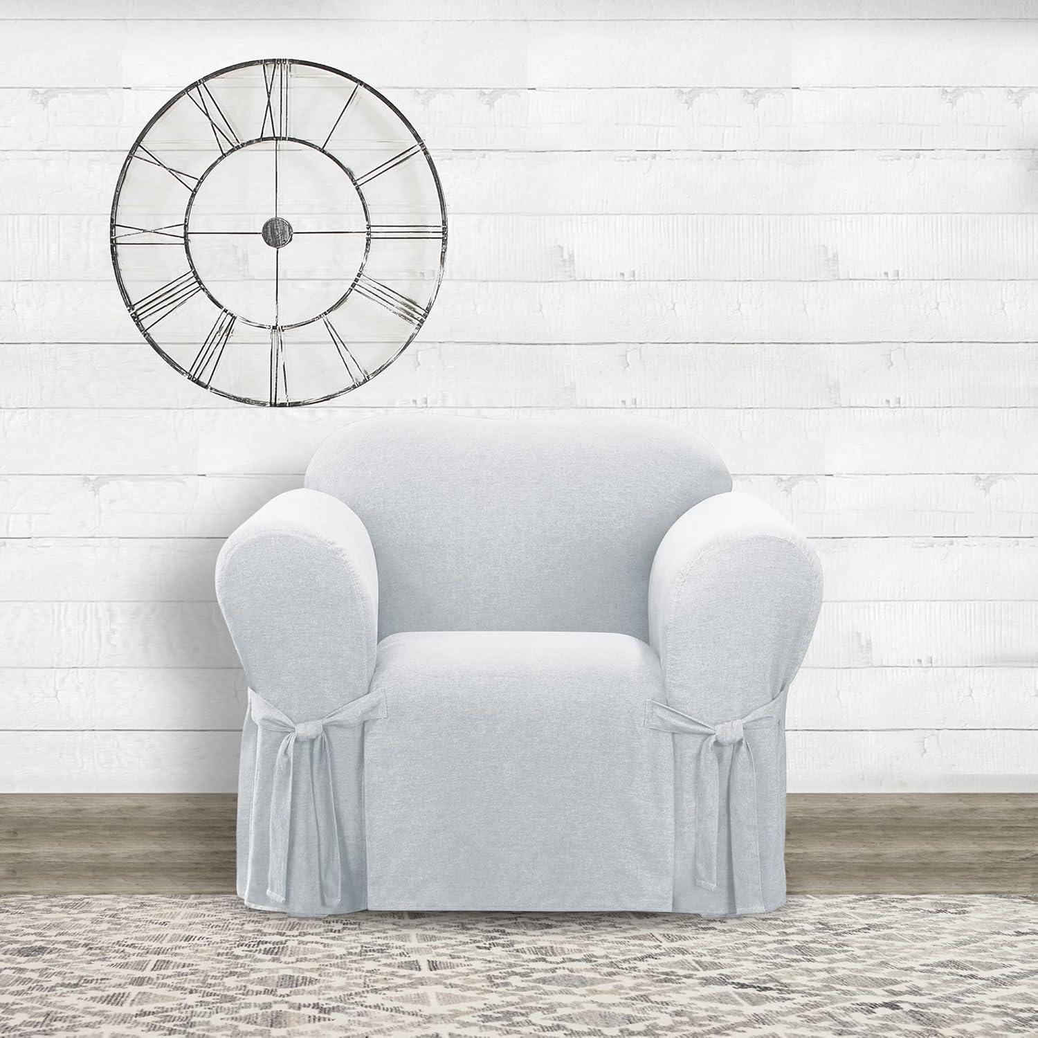 Farmhouse Basketweave Chair Slipcover Gray - Sure Fit: Adjustable Ties, Elastic Band, Fits 32"-43" Armchairs