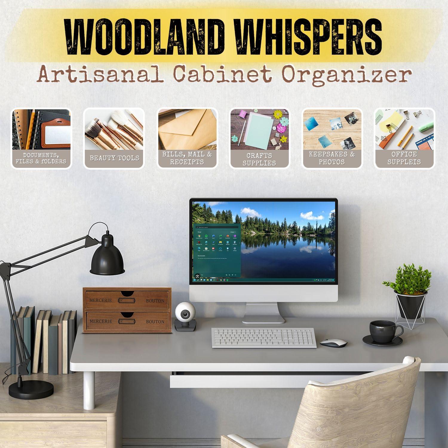 Wooden Desktop Office Supplies Organizer with 2 Storage Drawers Set, 2-Tier Wood Tabletop Cabinet, Countertop Desk Accessories Box, for Home Workspace Counter Vanity Decor Art Craft Tool Mail