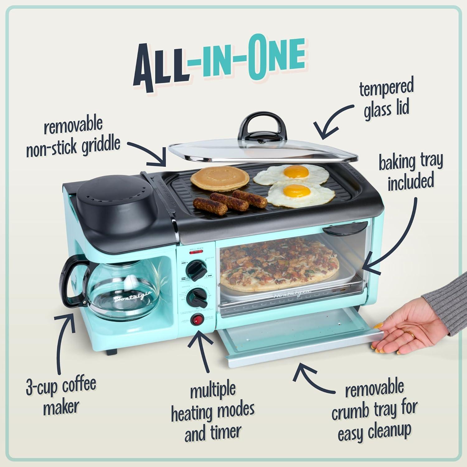 Nostalgia Electrics Retro 3-in-1 Family Size Griddle Aqua: Breakfast Station with Coffee Maker & Toaster, Ceramic Surface