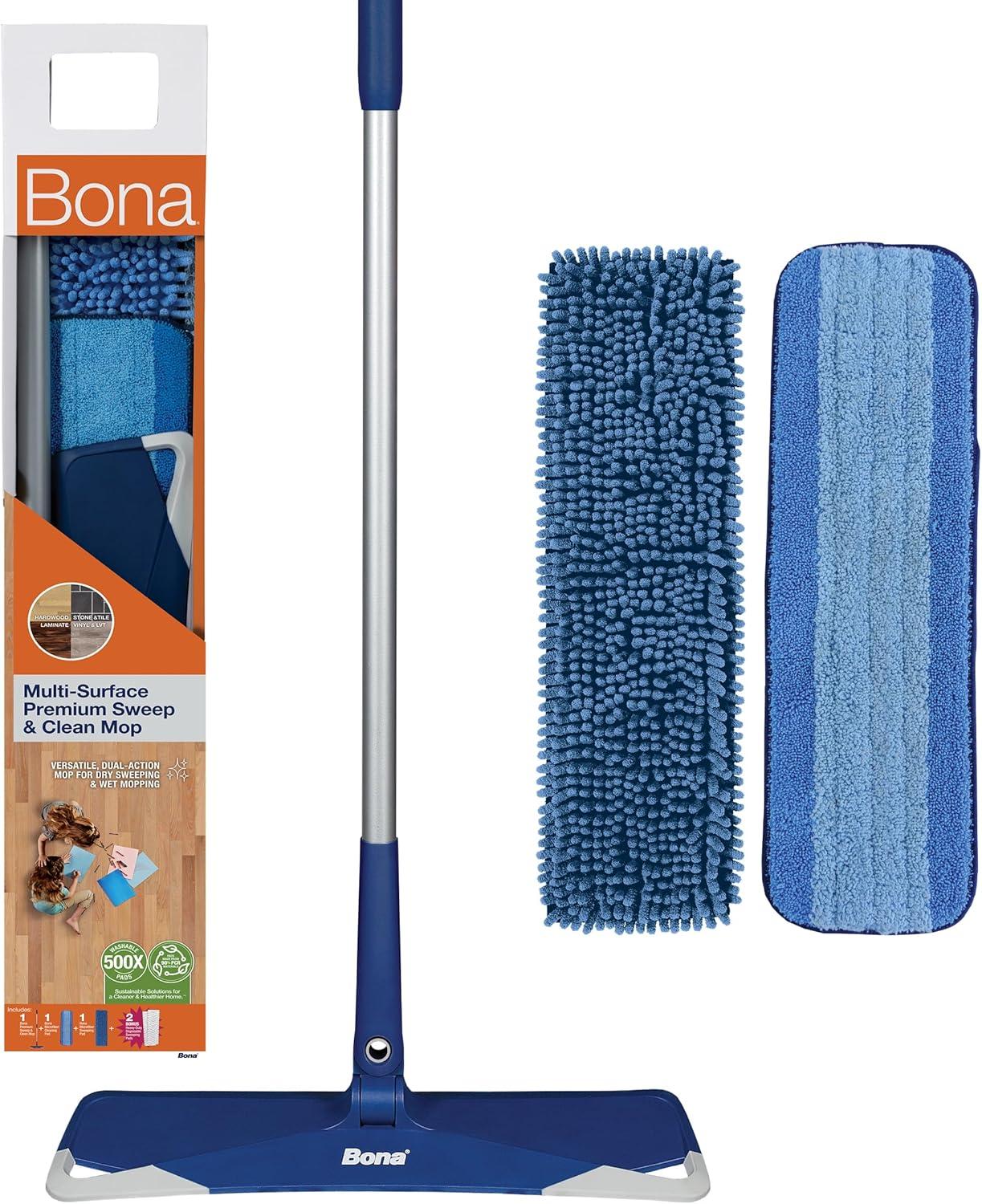 Bona Floor Mop Starter Kit - 2-in-1 Wet + Dry Floor Sweeping + Mopping - 1 Mop, 1 Reusable Sweeping Pad, 1 Reusable Mopping Pad