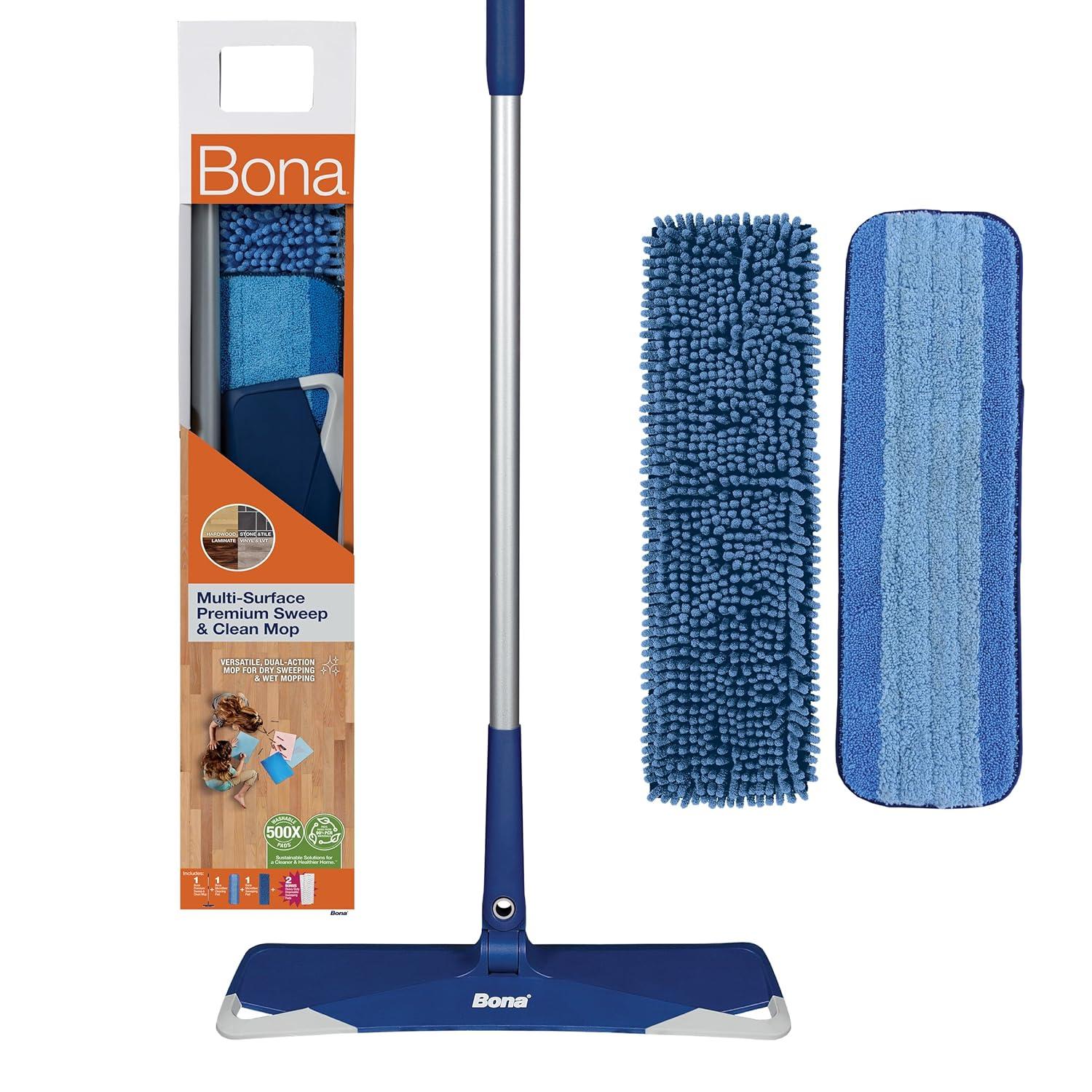 Bona Floor Mop Starter Kit - 2-in-1 Wet + Dry Floor Sweeping + Mopping - 1 Mop, 1 Reusable Sweeping Pad, 1 Reusable Mopping Pad
