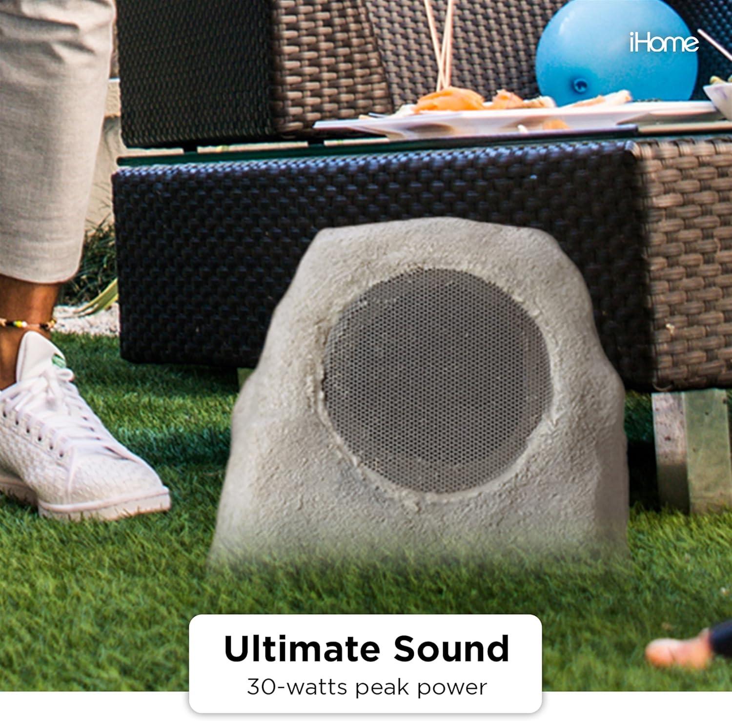 iHome Audio iHRK-500LTMS-PR Rechargeable Bluetooth Outdoor Solar Rock LED Speakers with Multilink - Pair (Gray Slate)