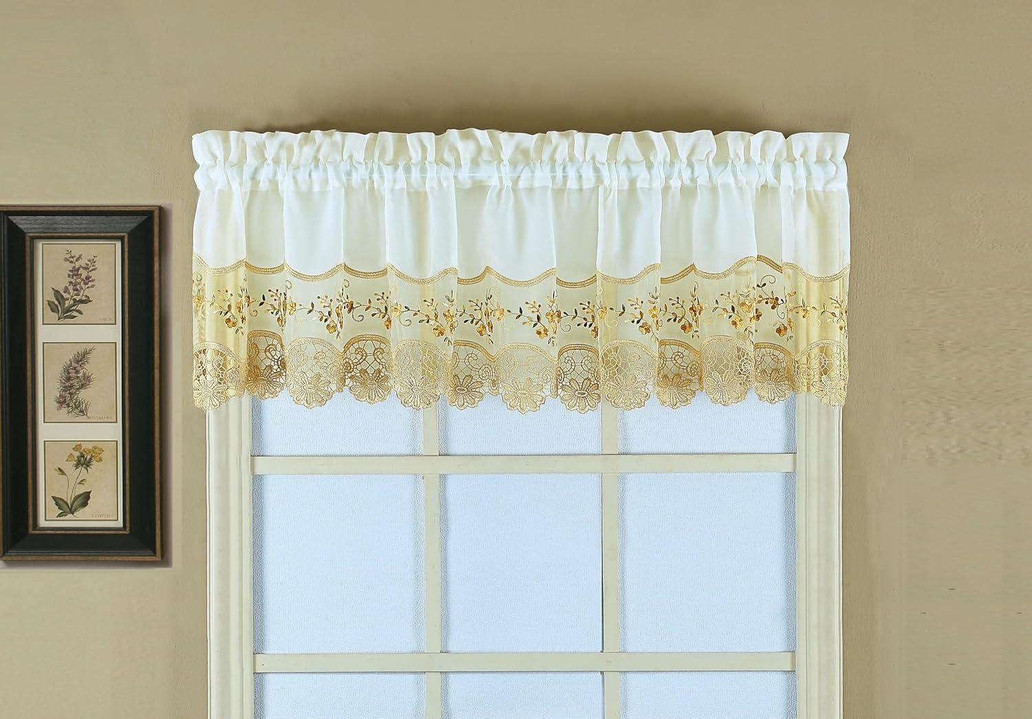 Ecru and Gold Floral Embroidered Sheer Valance 14" x 58"