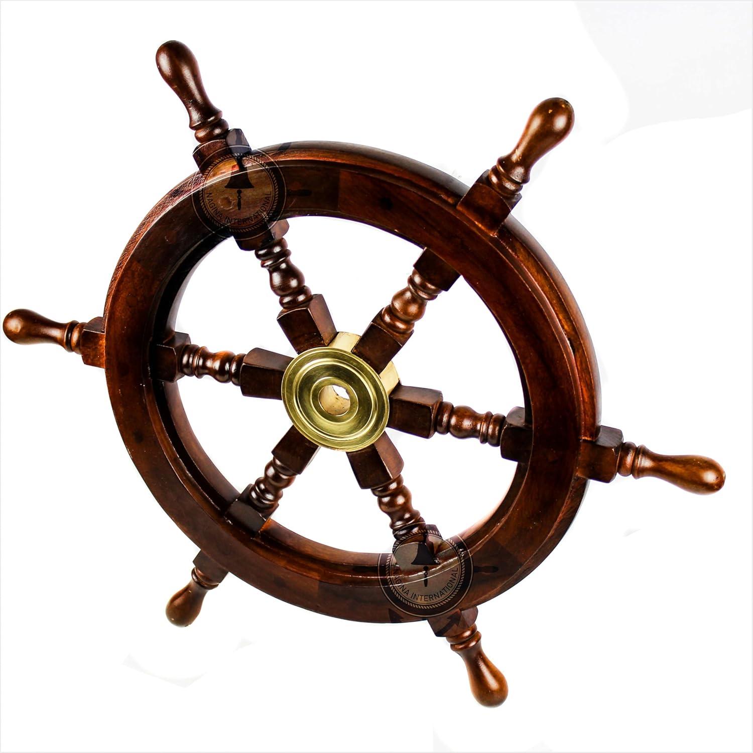 24" Dark Rosewood and Brass Nautical Ship Wheel Decor