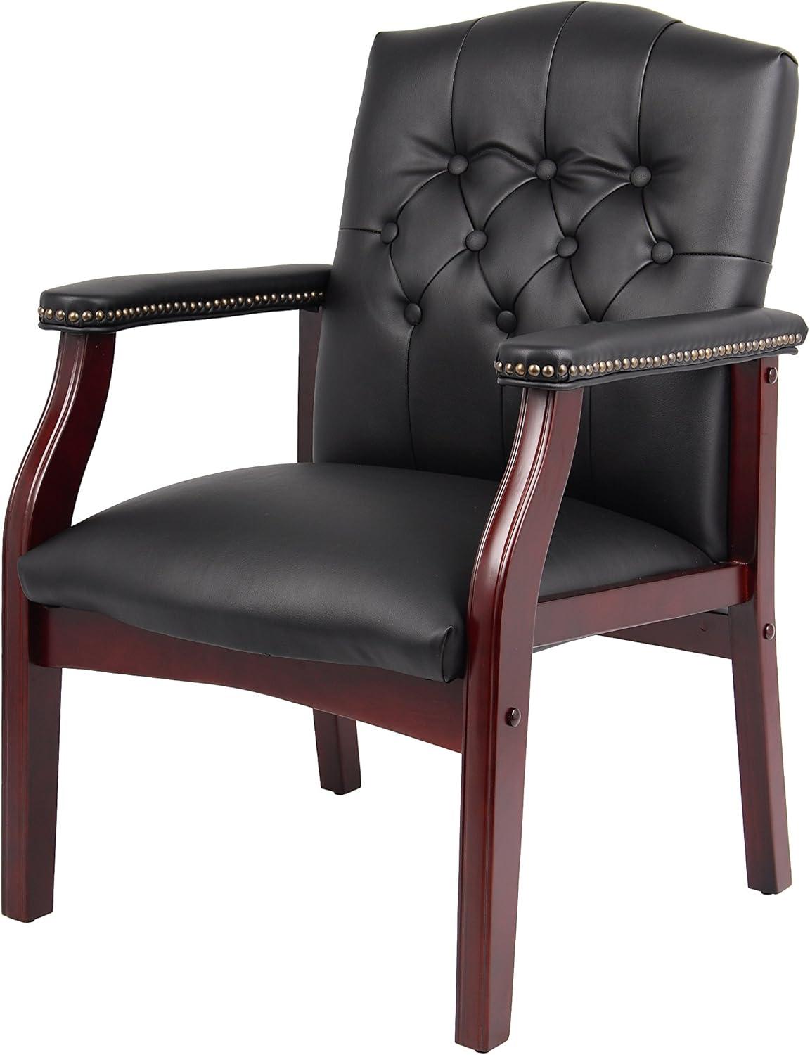 Classic Traditional Button Tufted Black Vinyl Guest Chair with Mahogany Wood Frame