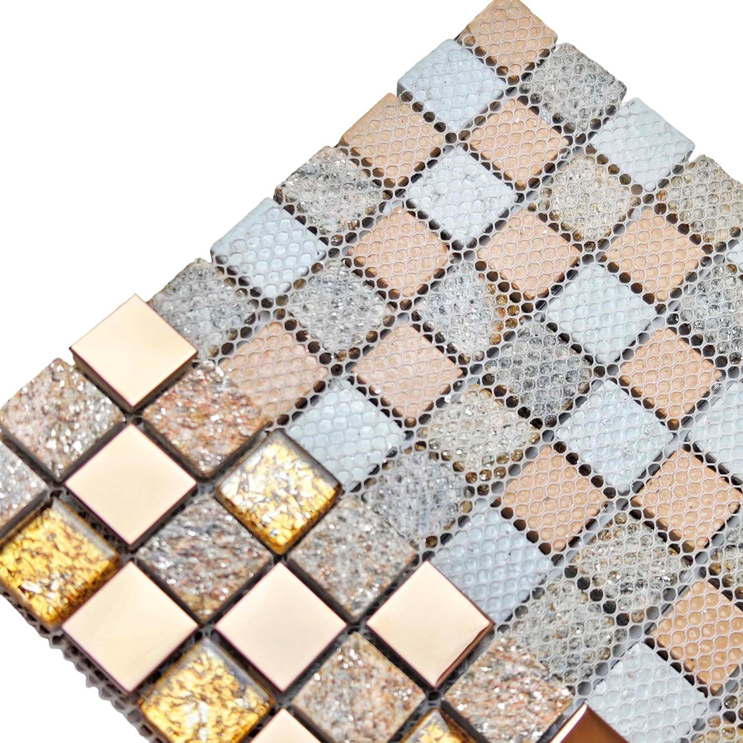 Luxury Glass Stone Tile Rose Gold Glitter Metal Mosaic Accent Backsplash Tiles in Kitchen Bathroom Walls and Fireplace Decor (5 Square Feet)