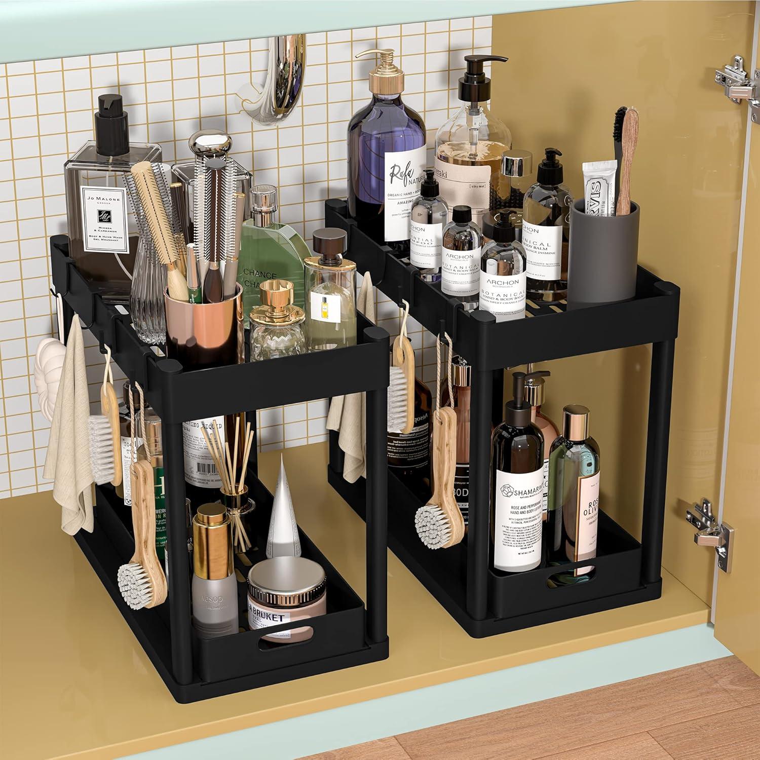 Black 2-Tier Under Sink Organizer Rack with Sliding Drawers and Hooks