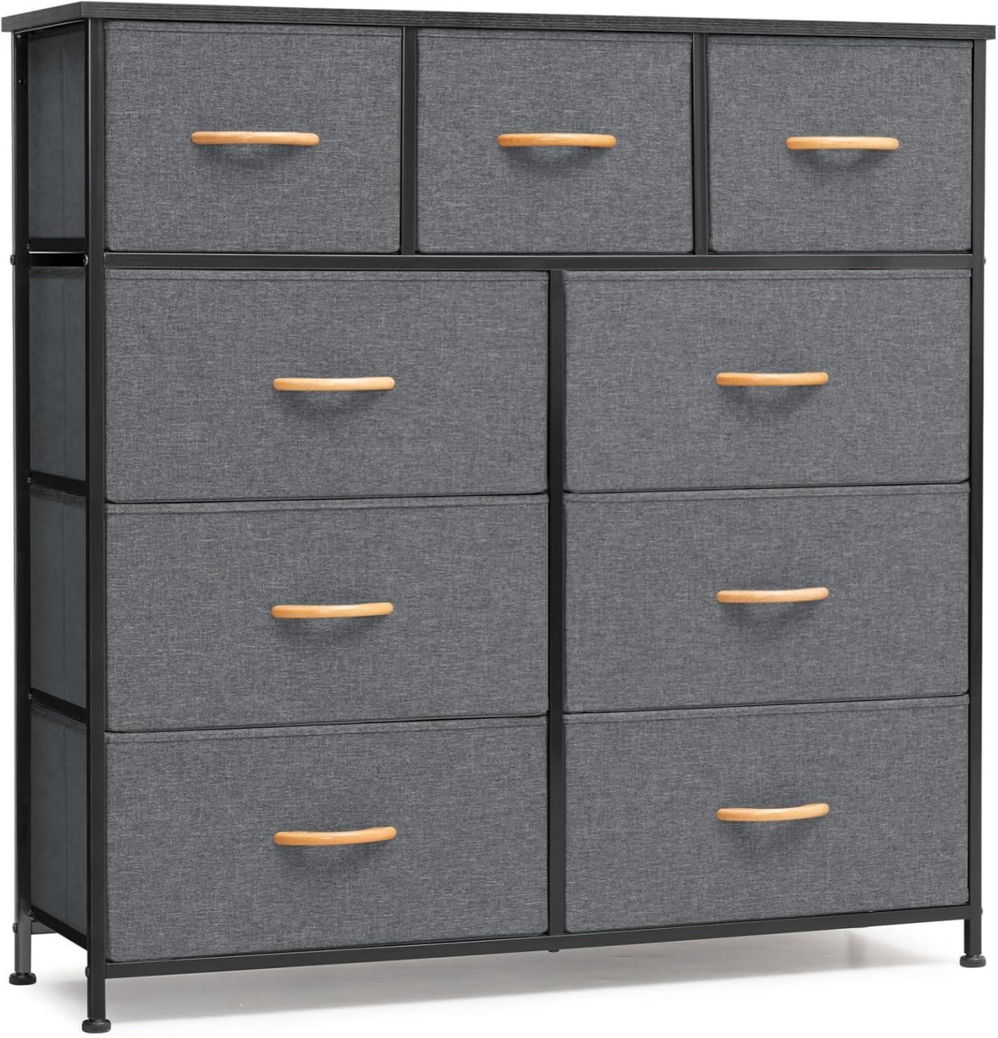 Gray Vertical 9-Drawer Fabric and MDF Dresser with Wooden Handles