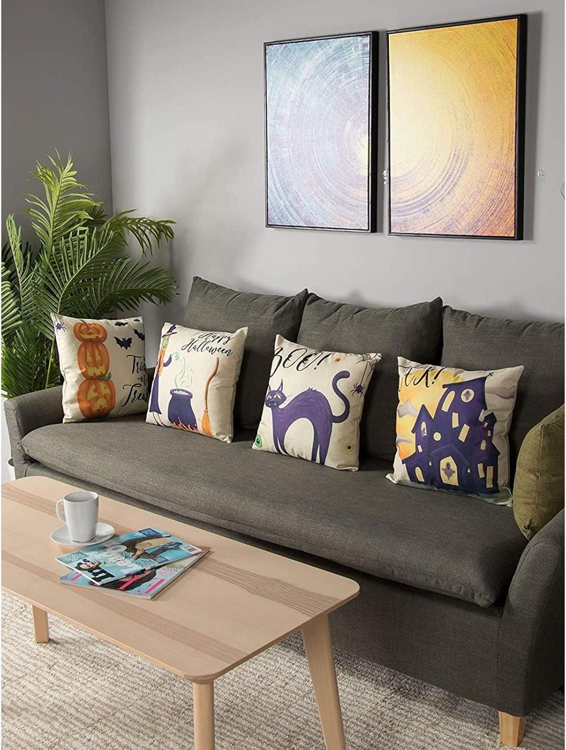 Juvale Set of 4 Fall Halloween Pillow Covers, 4 Spooky Designs, Square Throw Pillowcases for Halloween Decor (18 x 18 in)