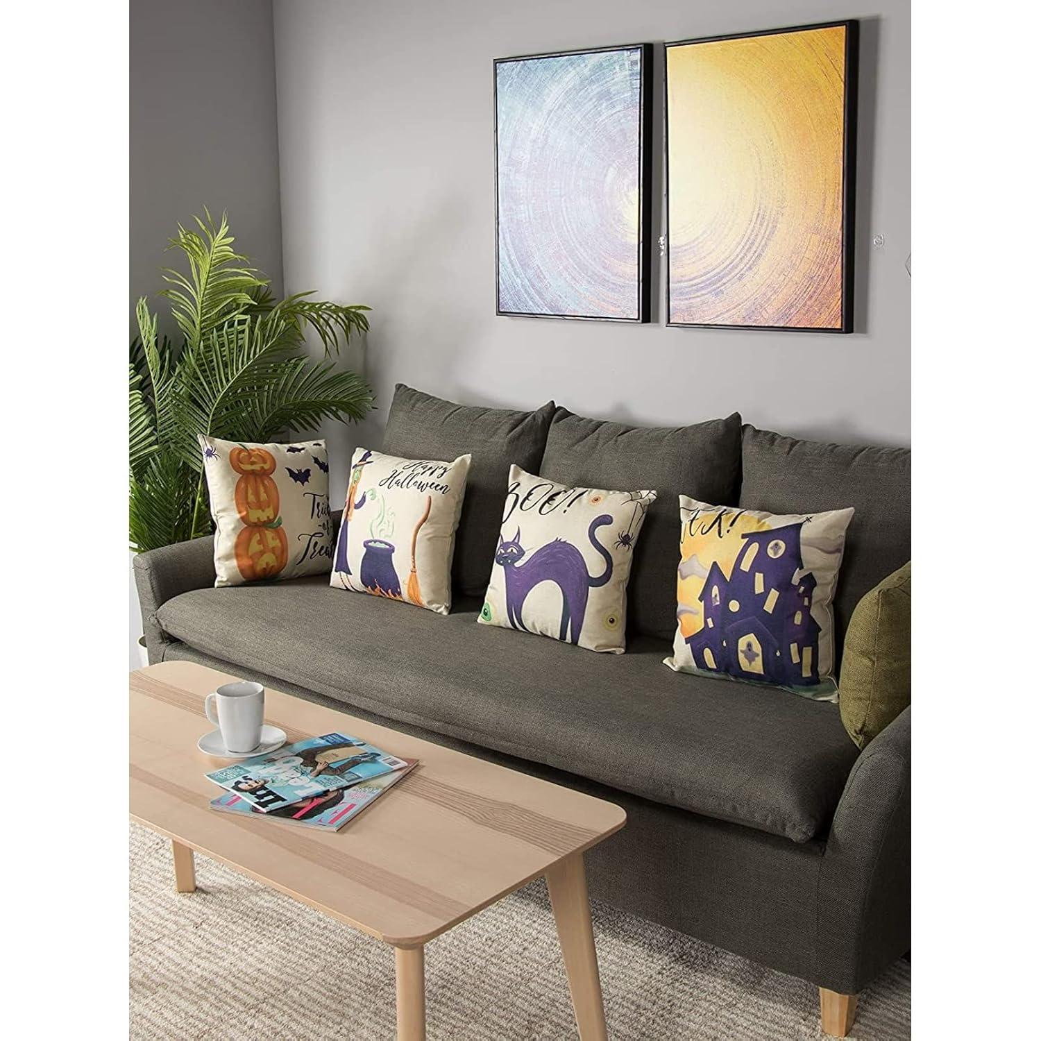 Juvale Set of 4 Fall Halloween Pillow Covers, 4 Spooky Designs, Square Throw Pillowcases for Halloween Decor (18 x 18 in)