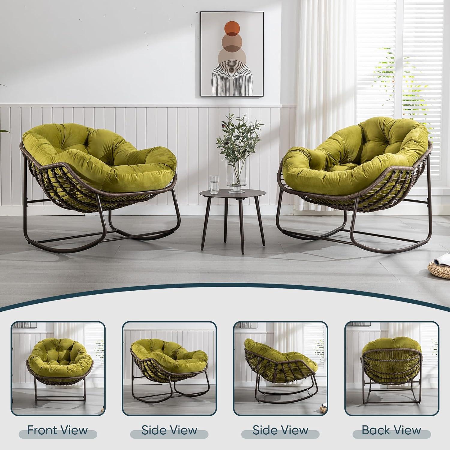 KINFFICT Outdoor Rocking Chair,Oversized Rattan Egg Chair,Indoor Outside Padded Cushion Rocker Recliner Chair,Modern Lounge Chair for Front Porch,Garden,Backyard,Balcony,Deck,Olive Green,Set of 1