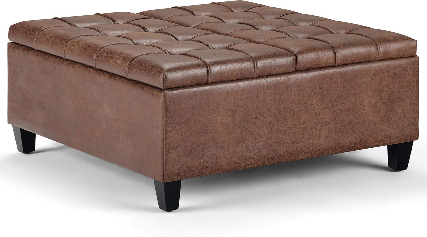 Simpli Home Coffee Table Storage Ottoman In Distressed Umber Brown Vegan Faux Leather